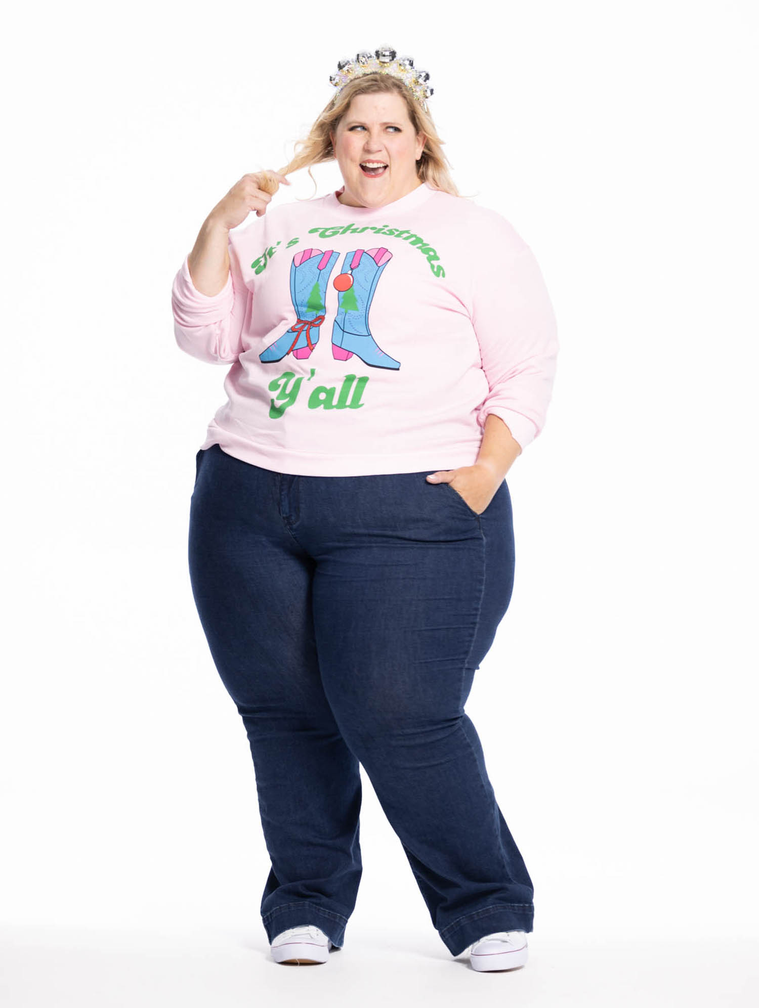 thumbnail video image 2 of Jollidays x Glitter and Lazers Women's Stirrup Some Cheer Sweatshirt, Sizes S -5X, 2 of 9