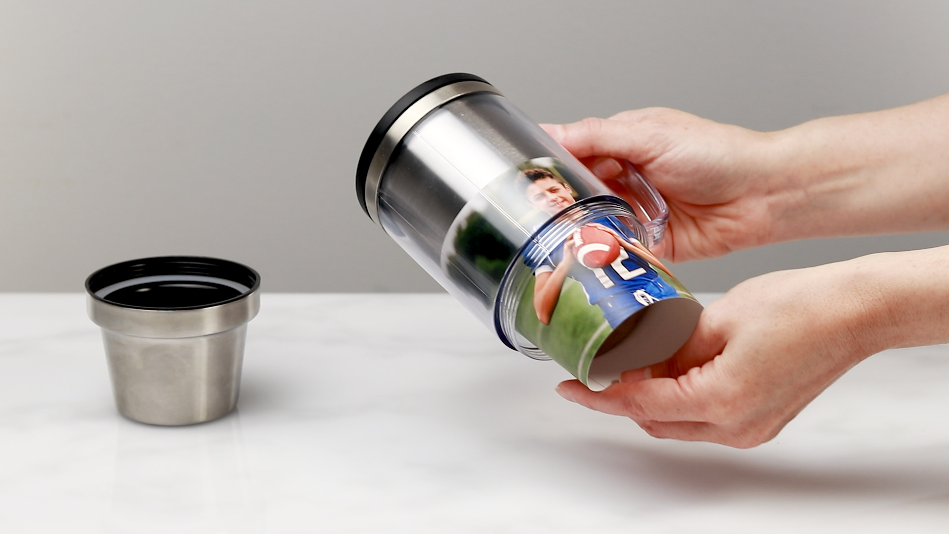 thumbnail video image 2 of Thermo-Temp 16 oz. Stainless Steel Photo Travel Mug, 2 of 7