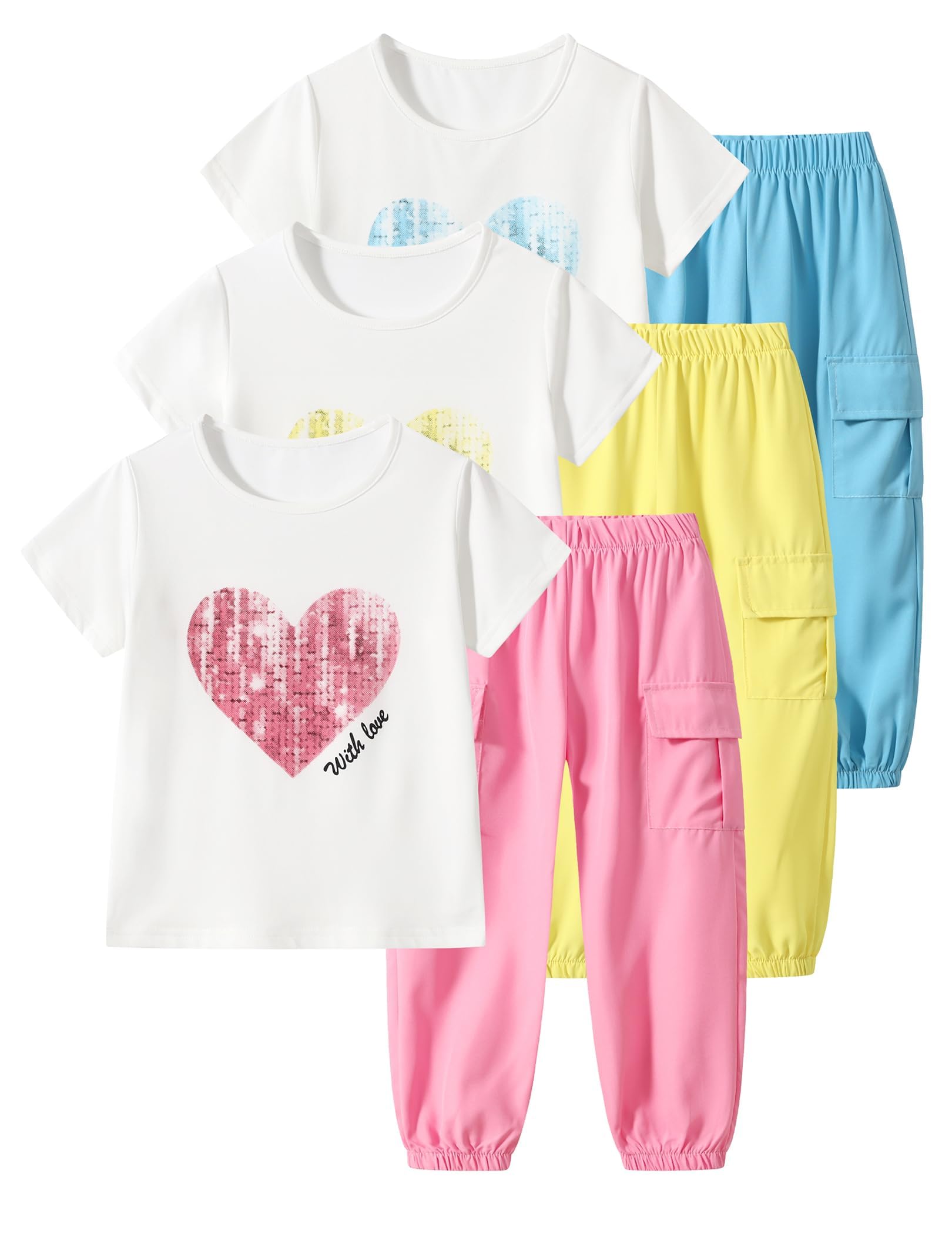thumbnail video image 2 of Jolyshlid Girls Outfits 6 Pcs Heart Printed Short Sleeve Tee Tops and Jogging Pants Set Summer Clothing Red Green Yellow 7-8 Years, 2 of 11