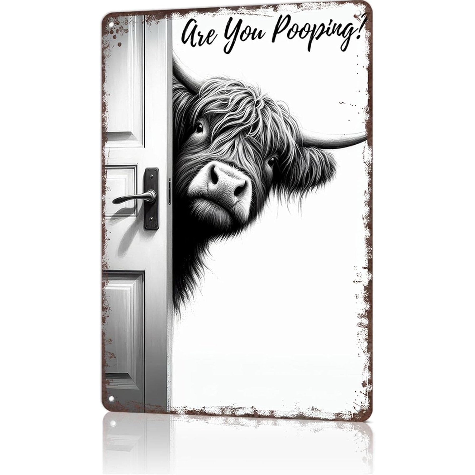 thumbnail video image 2 of Vintage Highland Cow Bathroom Sign – “Are You Pooping?” Funny Aluminum Wall Decor, Farmhouse Rustic Toilet Humor Sign for Bathroom, Restroom or Toilet, 2 of 6