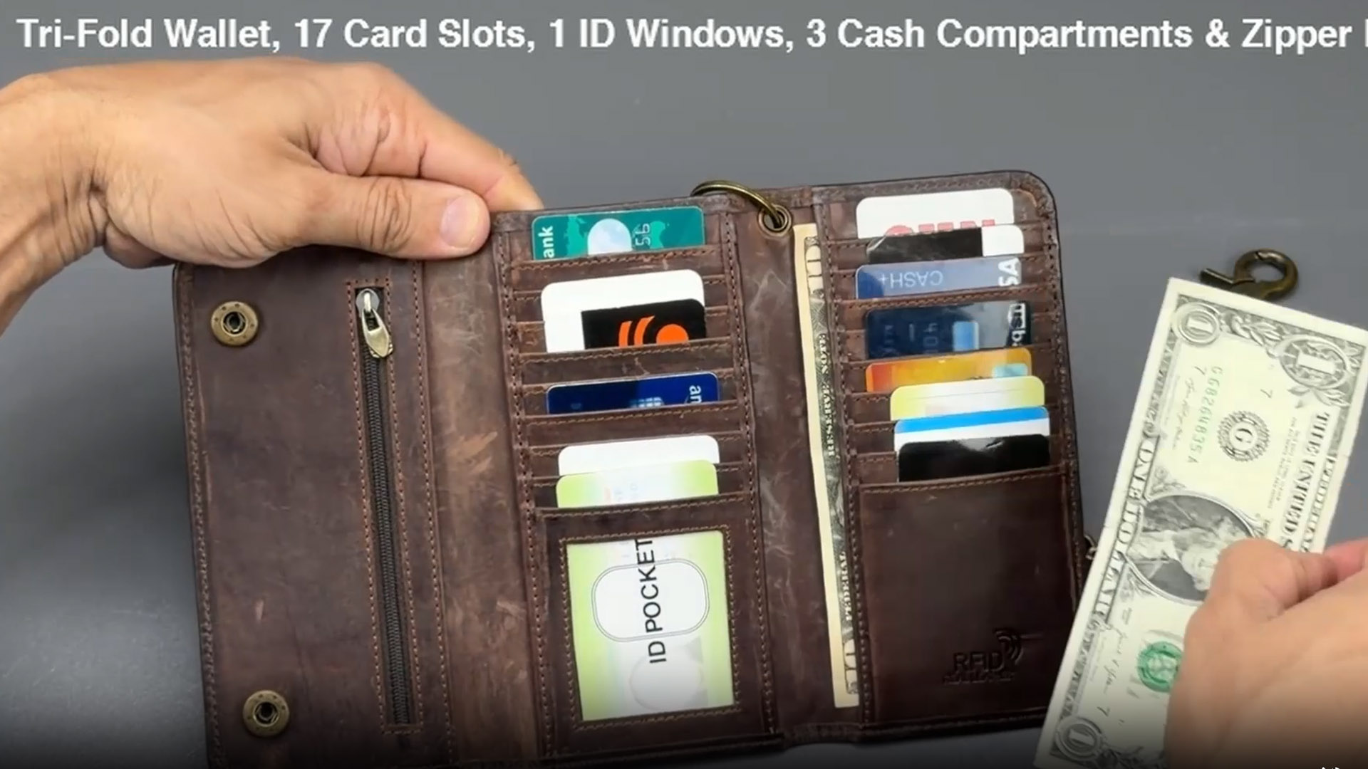 thumbnail video image 2 of IBRO Motorcycle Chain Wallet for Men, 100% Natural Genuine Leather, Long Trifold RFID Blocking, Credit Card Money Organizer - Mens Trucker Biker Metal Chain Wallets Crazy Horse Brown, 2 of 7