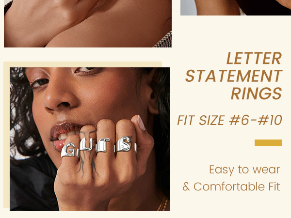 thumbnail video image 2 of KeyStyle Silver Initial Rings Letter Statement Ring for Women Bold Open Adjustable Trendy Party Jewelry Anniversary Valentine's Day Gift, Size 6-10, 2 of 10