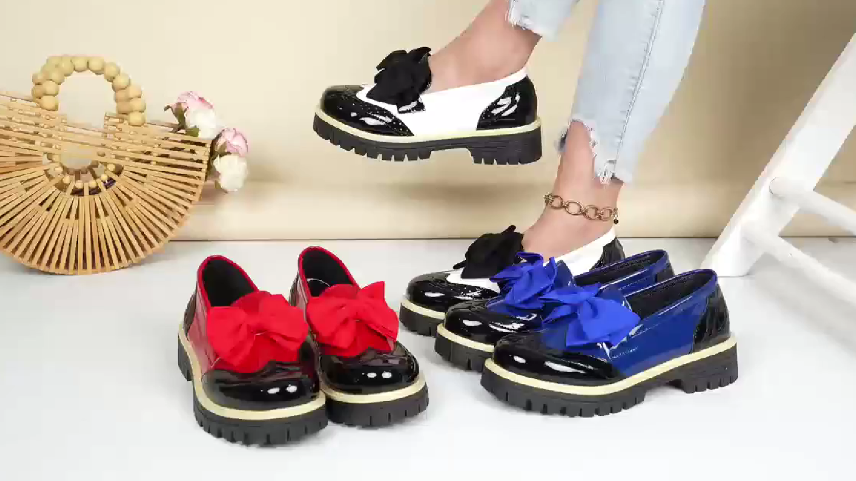 thumbnail video image 2 of SACFOF Patent Leather Bow Loafers for Women Comfort Round Toe Slip On Anti Slip Low Chunky Heel Penny Loafers for Work Daily Casual Dressy, 2 of 7