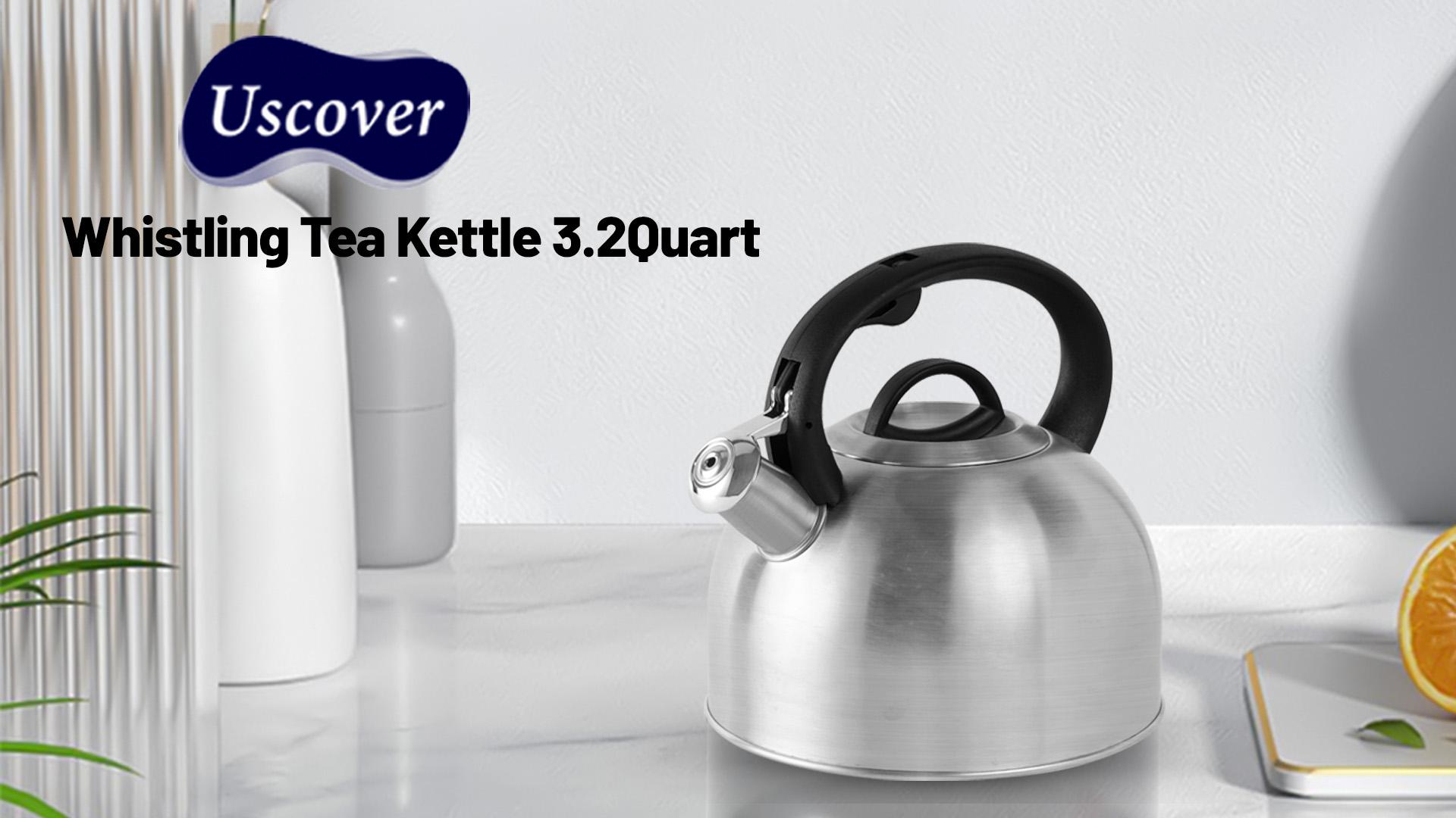 thumbnail video image 2 of Uscover 3L Stainless Steel Whistling Tea Kettle, Food Grade, Brushed Finish, Induction & Gas Compatible, 2 of 13
