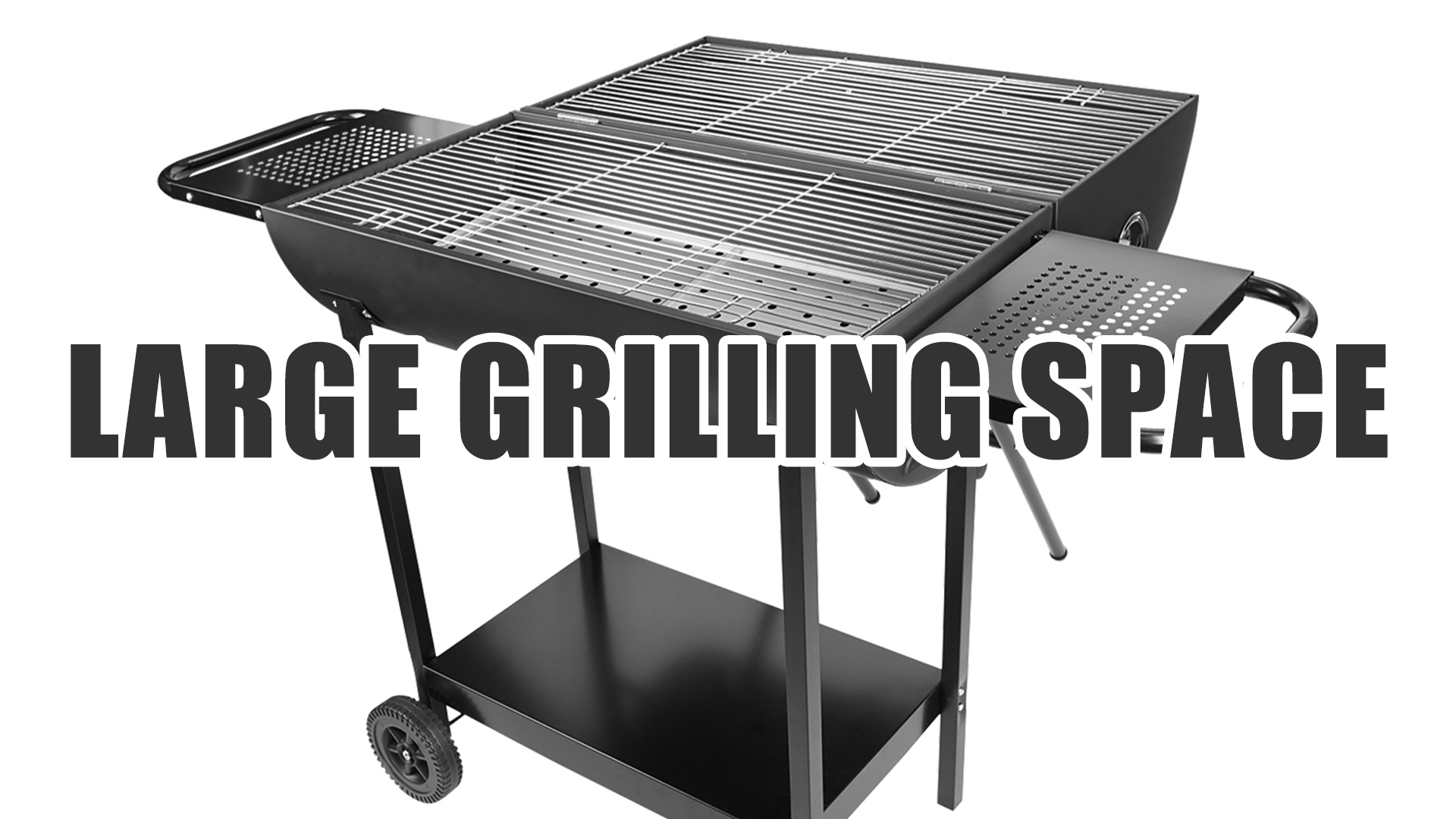 thumbnail video image 2 of Linsen-outdoors Double Charcoal Barrel Grill with Two Side Shelf Large Stainless Steel Grill For Backyard Camping, 2 of 15