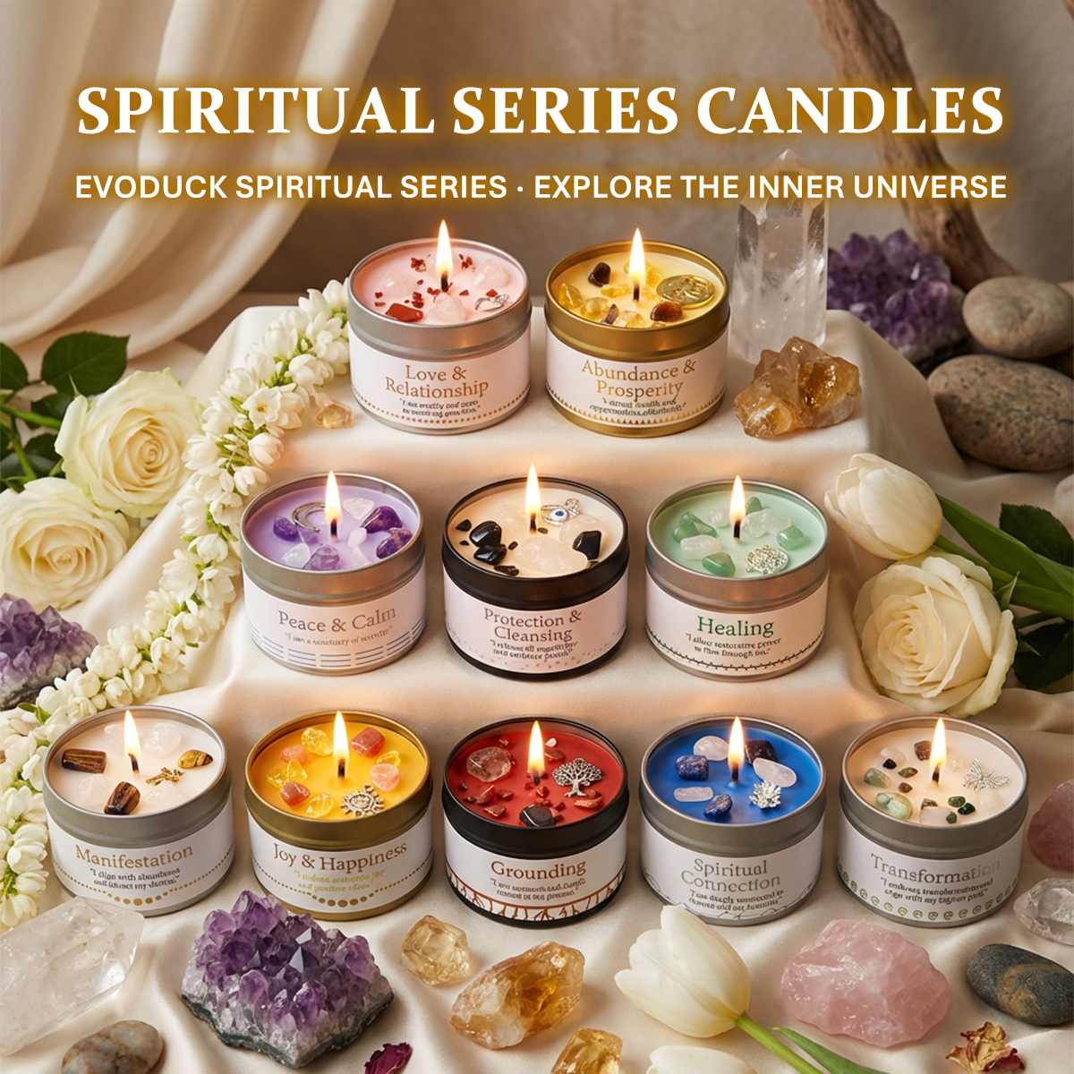 thumbnail video image 2 of EVODUCK Healing Manifestation Candle, Lavender & Eucalyptus, Green Aventurine Crystal, 1-Wick Healing Soy Wax, 3oz, 2 of 12