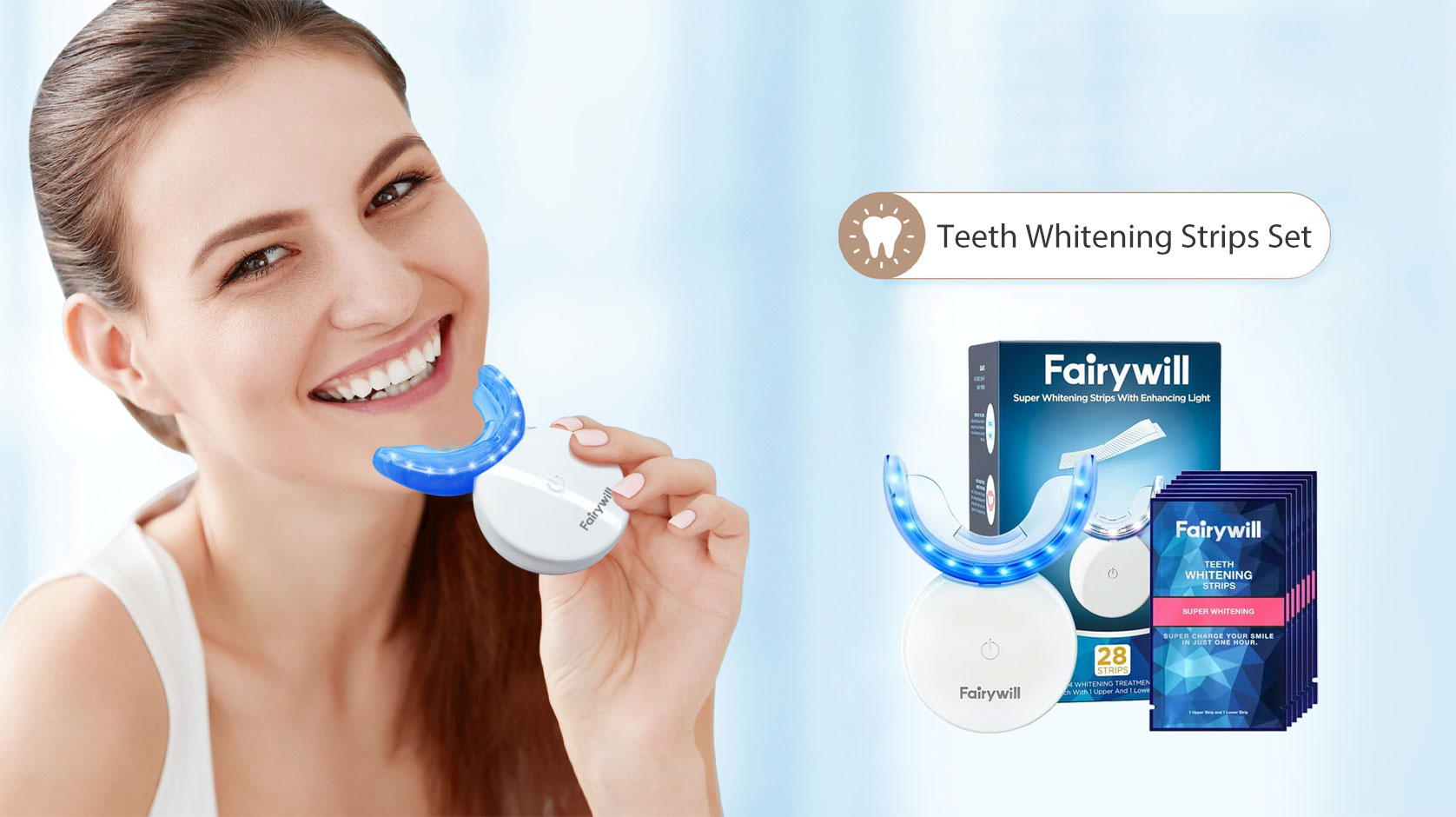 thumbnail video image 2 of Fairywill Portable Teeth Whitening Kit, LED Blue Light and 28 White Strips for Sensitive Teeth, Rechargeable Teeth Whitener Case, 2 of 10