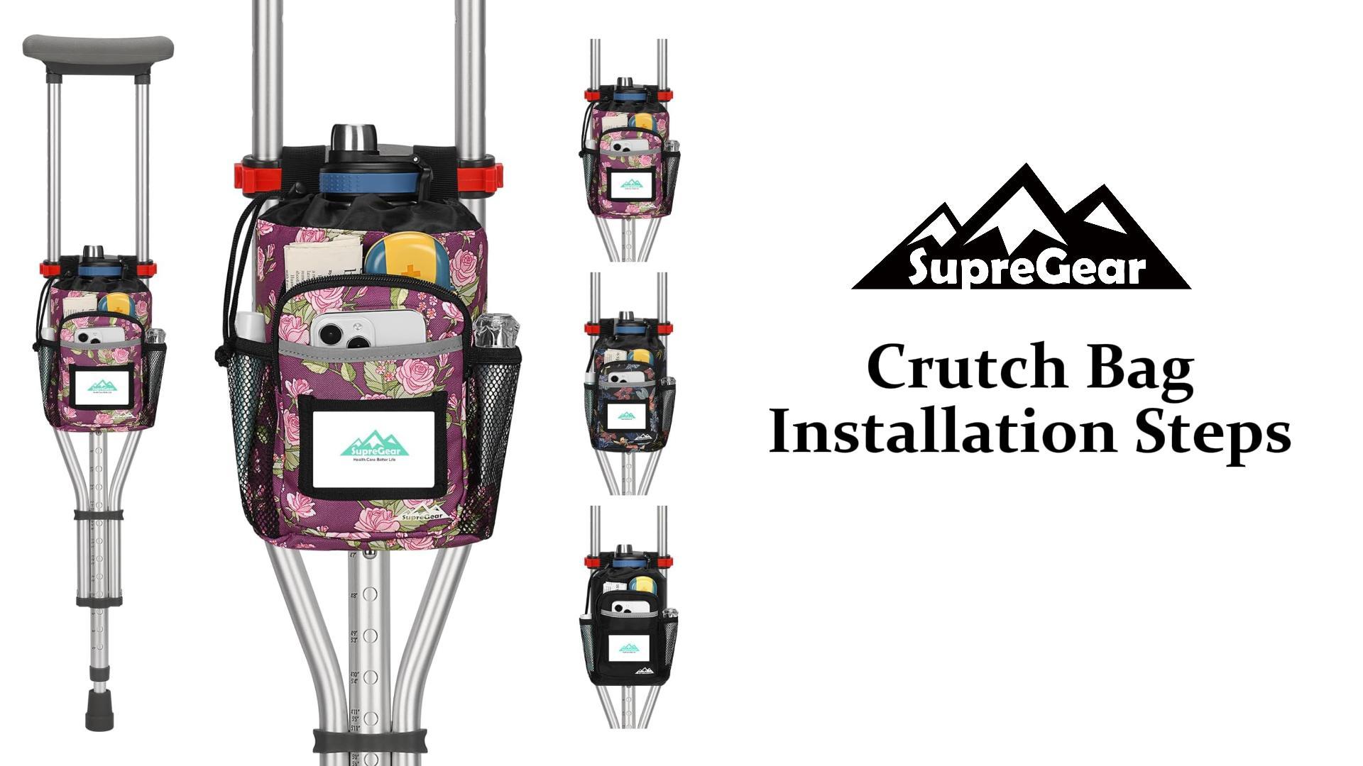 thumbnail video image 2 of SupreGear Crutch Pouch, Water-Resistant Mobility Bag with Cup Holder, Multiple Pockets & Reflective Strips, Purple Floral, 2 of 9