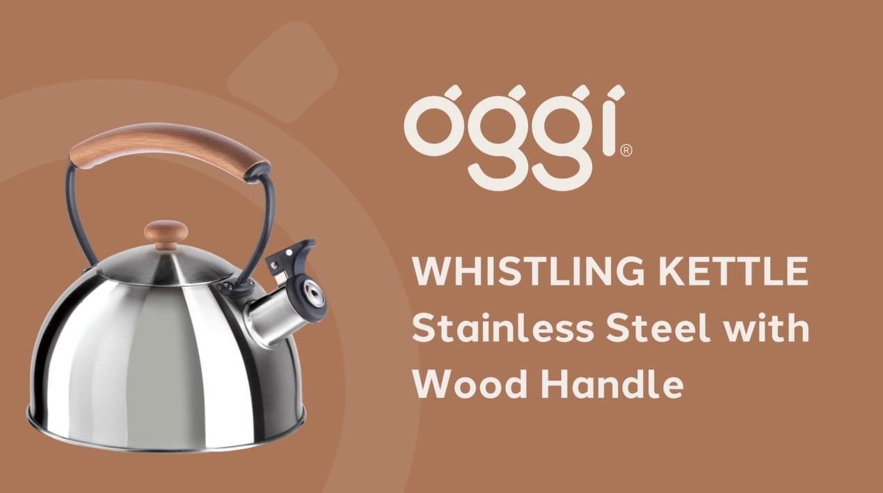 thumbnail video image 2 of Stainless Steel, Wood Handle, Whistling Tea Kettle (2.5 lt, 85 oz), 2 of 8