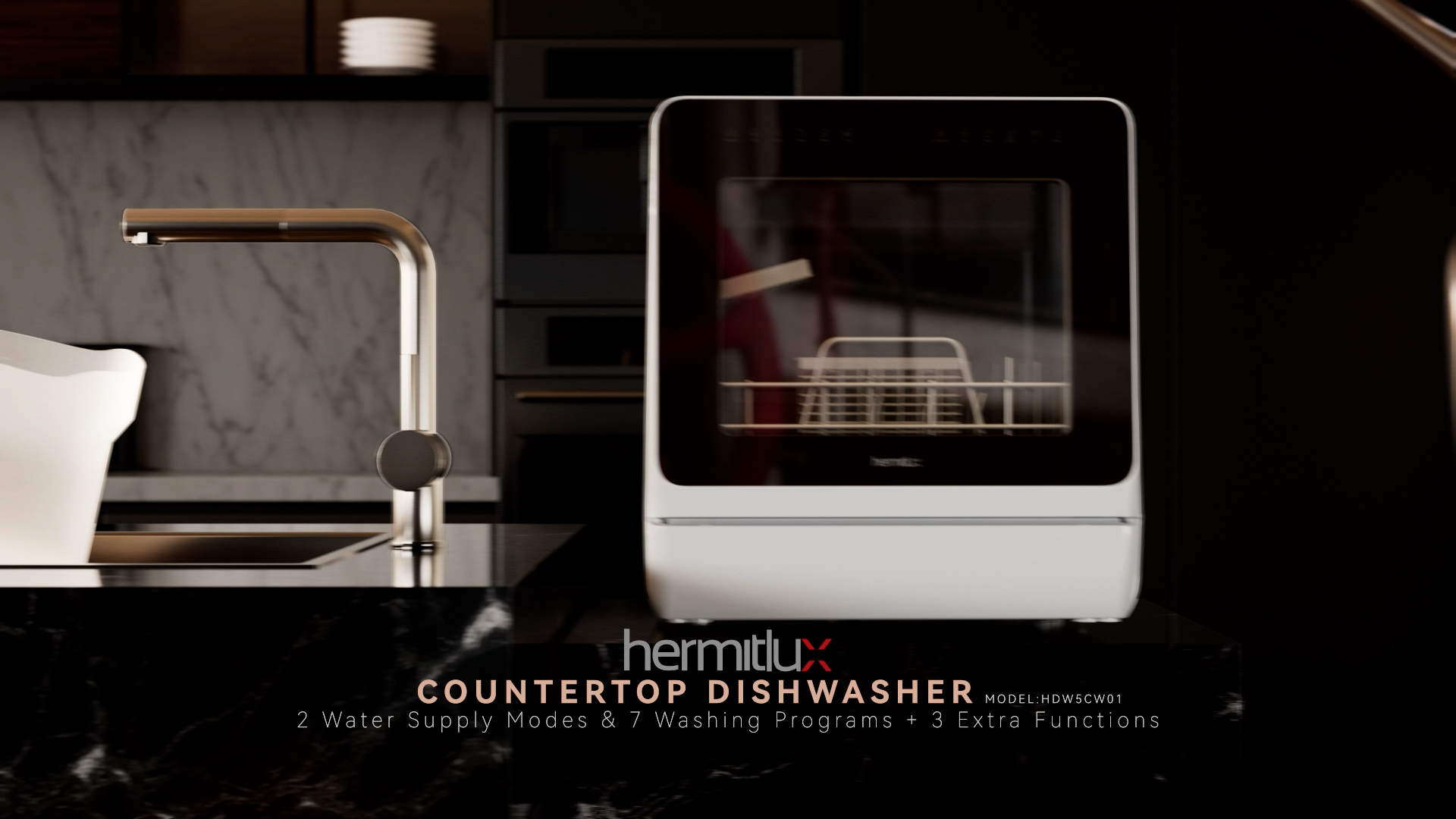 thumbnail video image 2 of Hermitlux Portable Countertop Dishwasher with 5-Liter Built-in Water Tank for Apartments & RVs, 7 Washing Programs Mini Dishwasher with LED Light & Glass Door, No Hookup Needed, 2 of 11