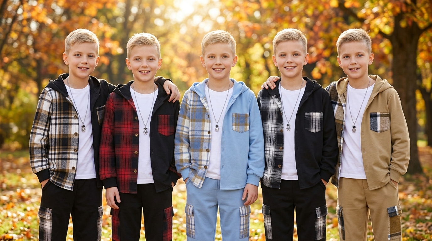 thumbnail video image 2 of PureChapter Boys Clothing Sets Plaid Color Block Hooded Button Jacket & Jogger Pants 2-Piece Casual Outfits for Kids 7-15 Years, 2 of 8