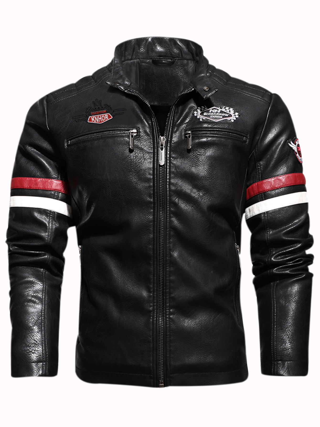 thumbnail video image 2 of Men's Motorcycle Racing PU Leather Jacket Embroidered Color Block Motorcycle Jacket Contrast Color Coat, 2 of 7