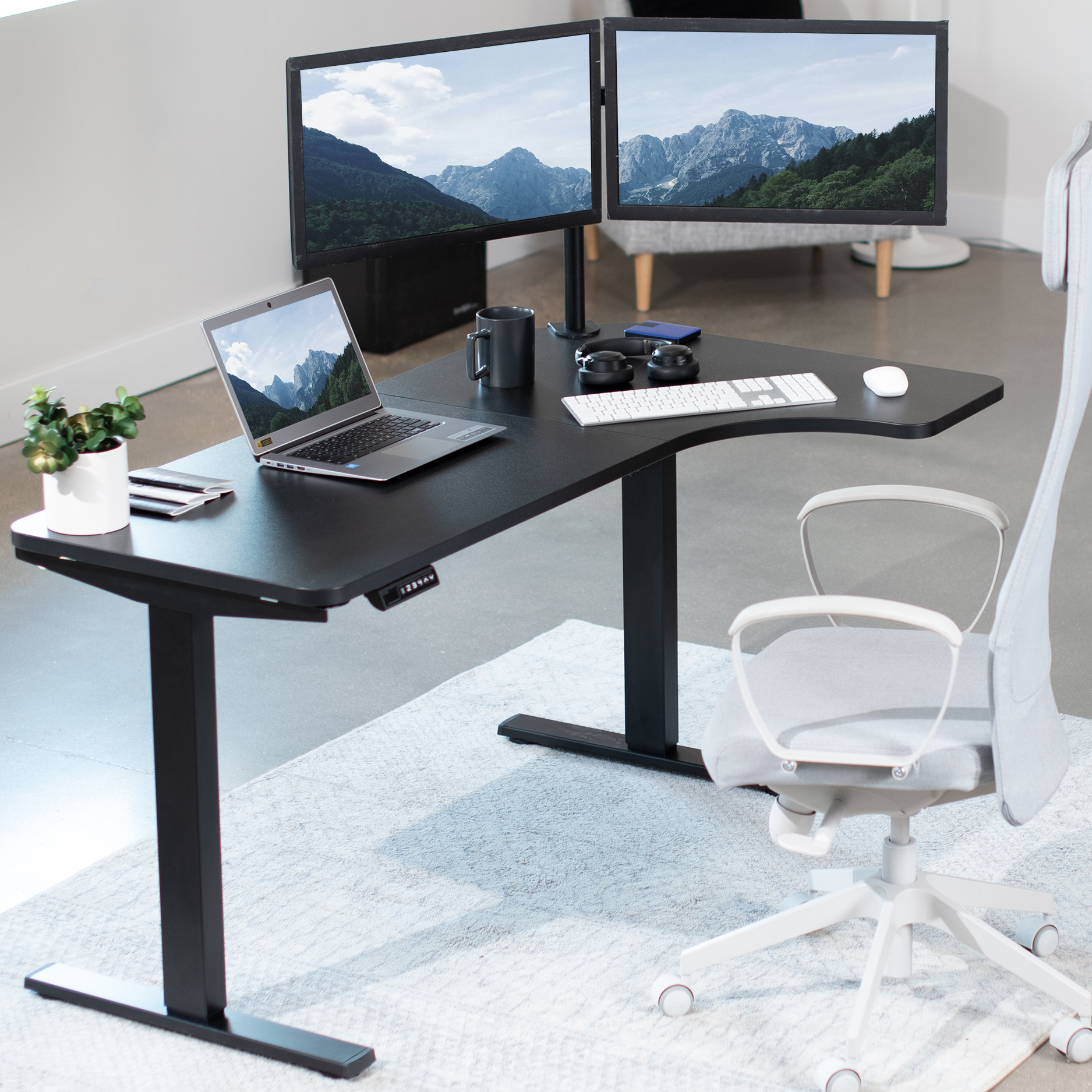 thumbnail video image 2 of VIVO Electric 58" x 35" Corner Stand Up Desk, Black Table Top, Black Frame, 2 of 5