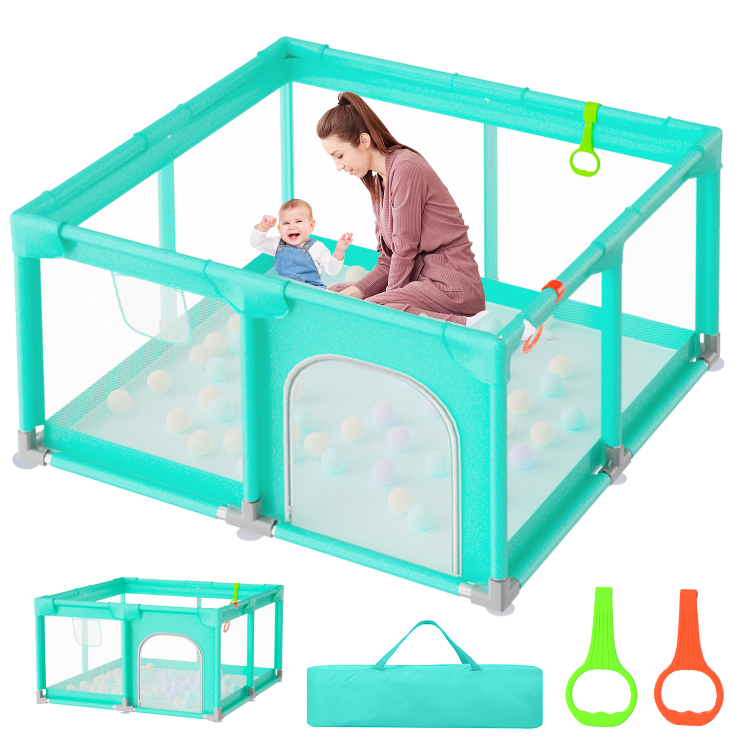 thumbnail video image 2 of JoyStone Baby Playpen, 50 x 50 in, Non-Slip Base, Soft Mesh Sides, 2 Pull-up Rings, Carry Bag, Green, 2 of 10