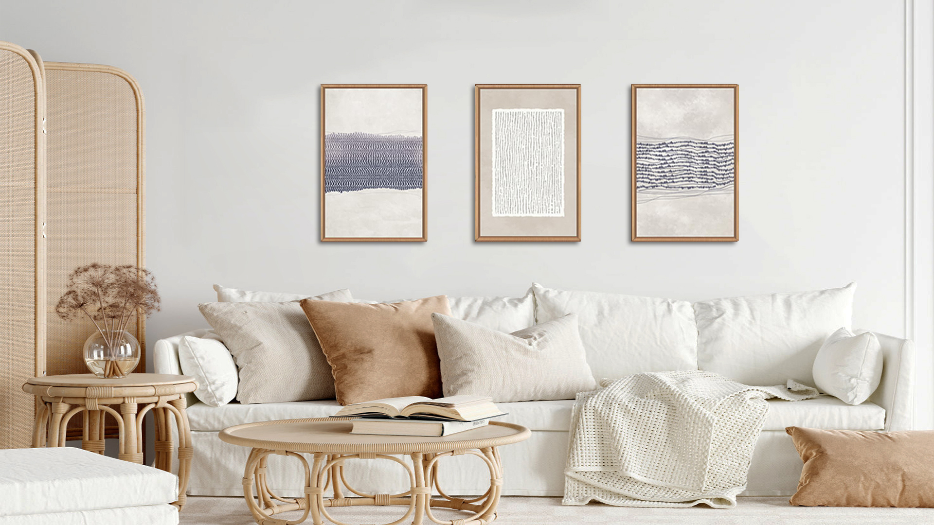 thumbnail video image 2 of TOARTi Boho Blue White Abstract Framed Canvas Wall Art Minimalist Waves Lines Geometric Print Mid Century Modern Neutral Decor Set of 3 for Living Room Bedroom Office 16x24 Inch, 2 of 8