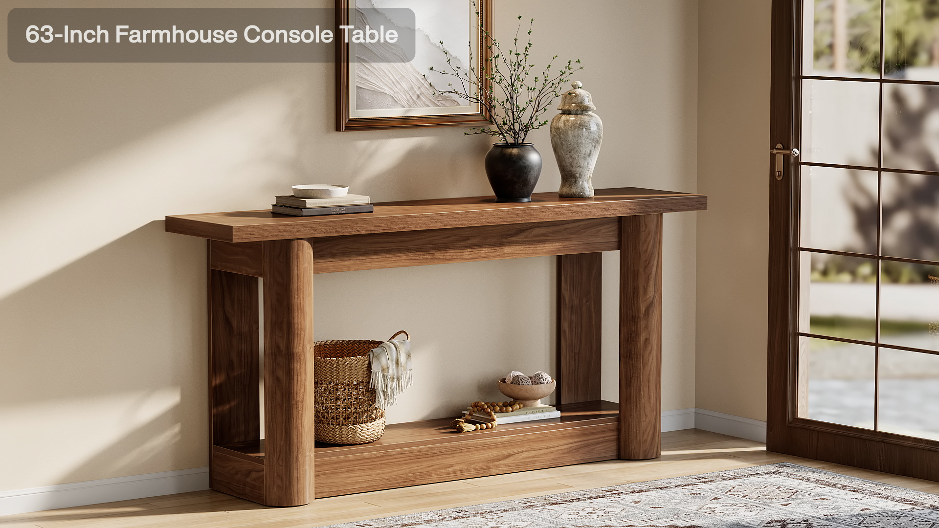 thumbnail video image 2 of Finmind 63-inch Farmhouse Console Table, Narrow Long Sofa Console Behind the Couch, 2-Tier Entryway Table for Hallway, Entry, Living Room, Light Brown, 2 of 8