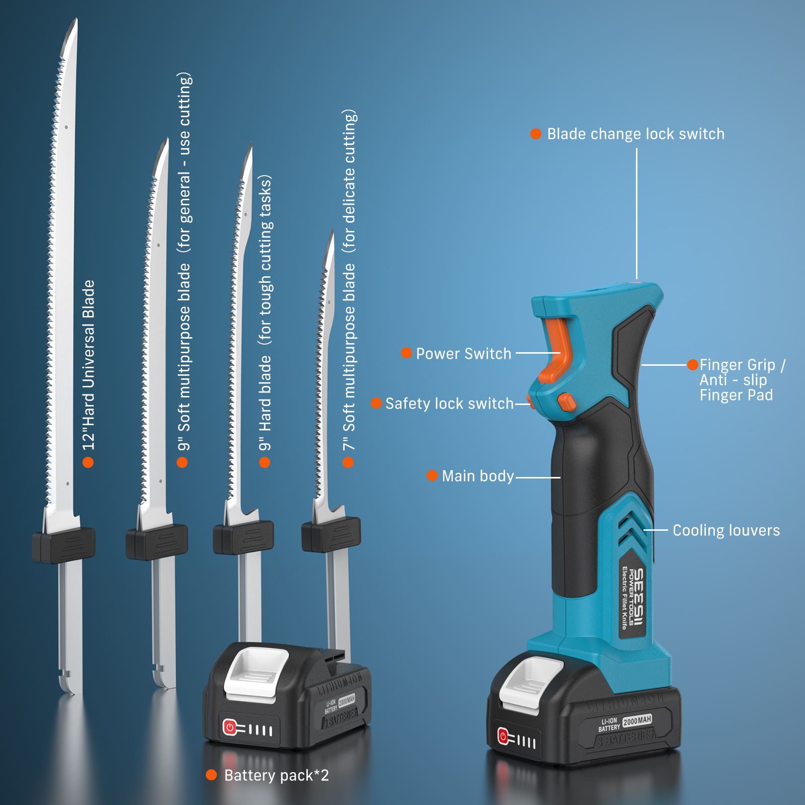 thumbnail video image 2 of SeeSii Cordless Electric Fillet Knife Set: 4 Stainless Steel Blades, 2 Batteries – Effortless Fish/Meat Cutting for Fishing & Kitchen, 2 of 16