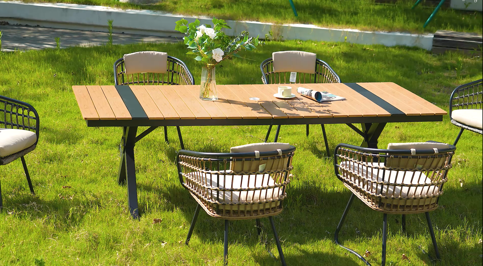 thumbnail video image 2 of Crestlive Products 118" Outdoor Dining Table for 8-12, Aluminum Sturdy Frame with Umbrella Hole, Black Wood-Grain Top, 2 of 7