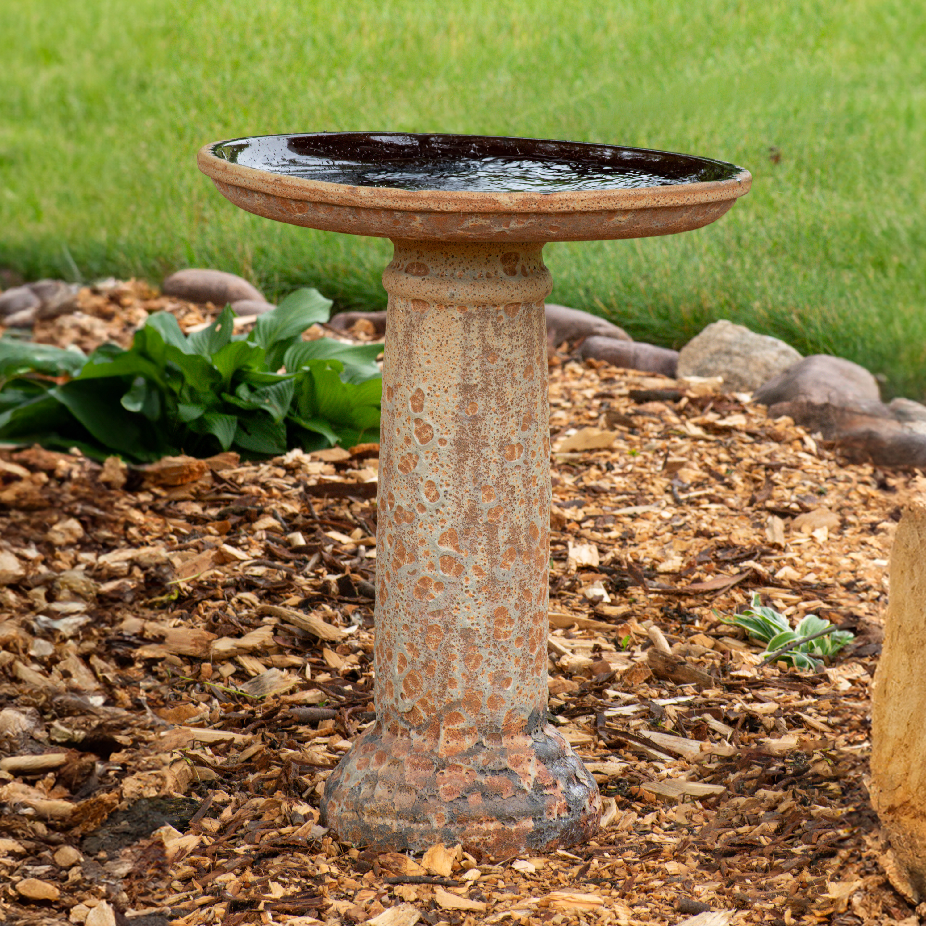 thumbnail video image 2 of Sunnydaze Toulon Freestanding Ceramic Outdoor Bird Bath, UV-Resistant Brown Lava Finish, 2 of 11