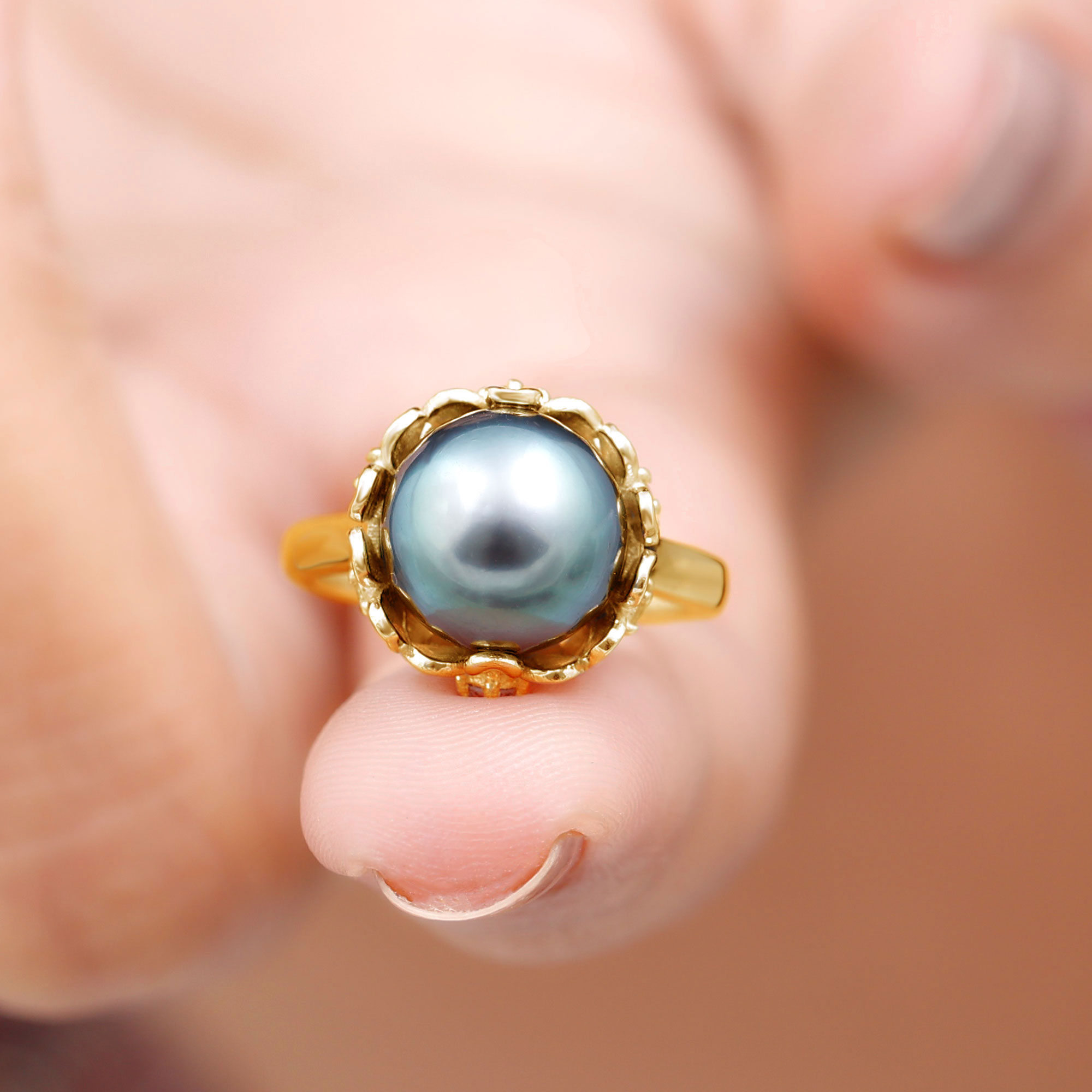 thumbnail video image 2 of Rosec Jewels Real Tahitian Black Pearl Engagement Ring with Diamond - Pearl Flower Ring - 10 mm - AAA Quality - With Jewelry Box, 18K Yellow Gold, US 10.50, 2 of 8