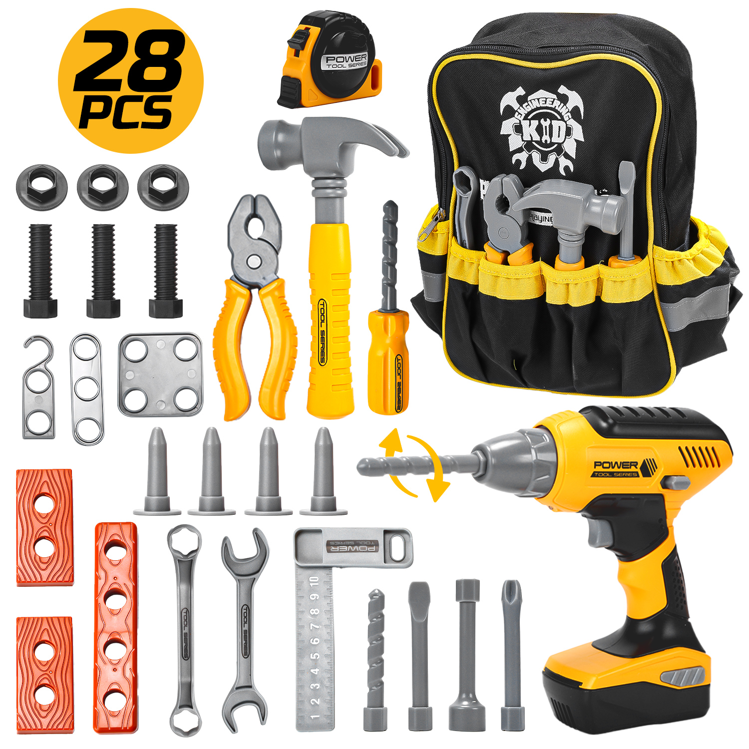 thumbnail video image 2 of JoyStone Kids Tool Set 28PCS with Toy Drill, Backpack, Pretend Construction Toys for Toddlers Boys Girls Ages 3-5, 2 of 12