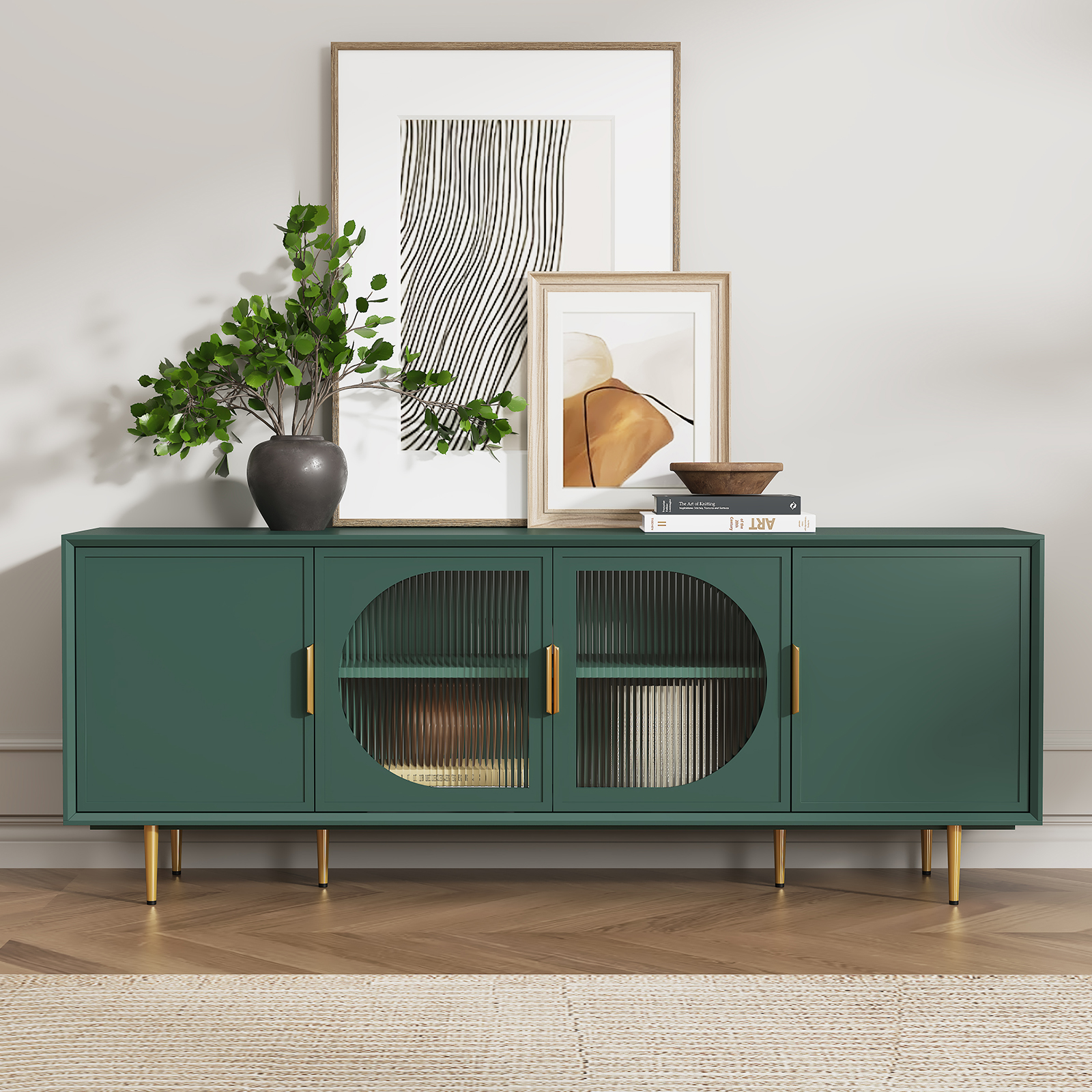 thumbnail video image 2 of HLR Modern 66" TV Stand, for TVs up to 75", Living Room Entertainment Center with Glass Storage Cabinet, Green, 2 of 13
