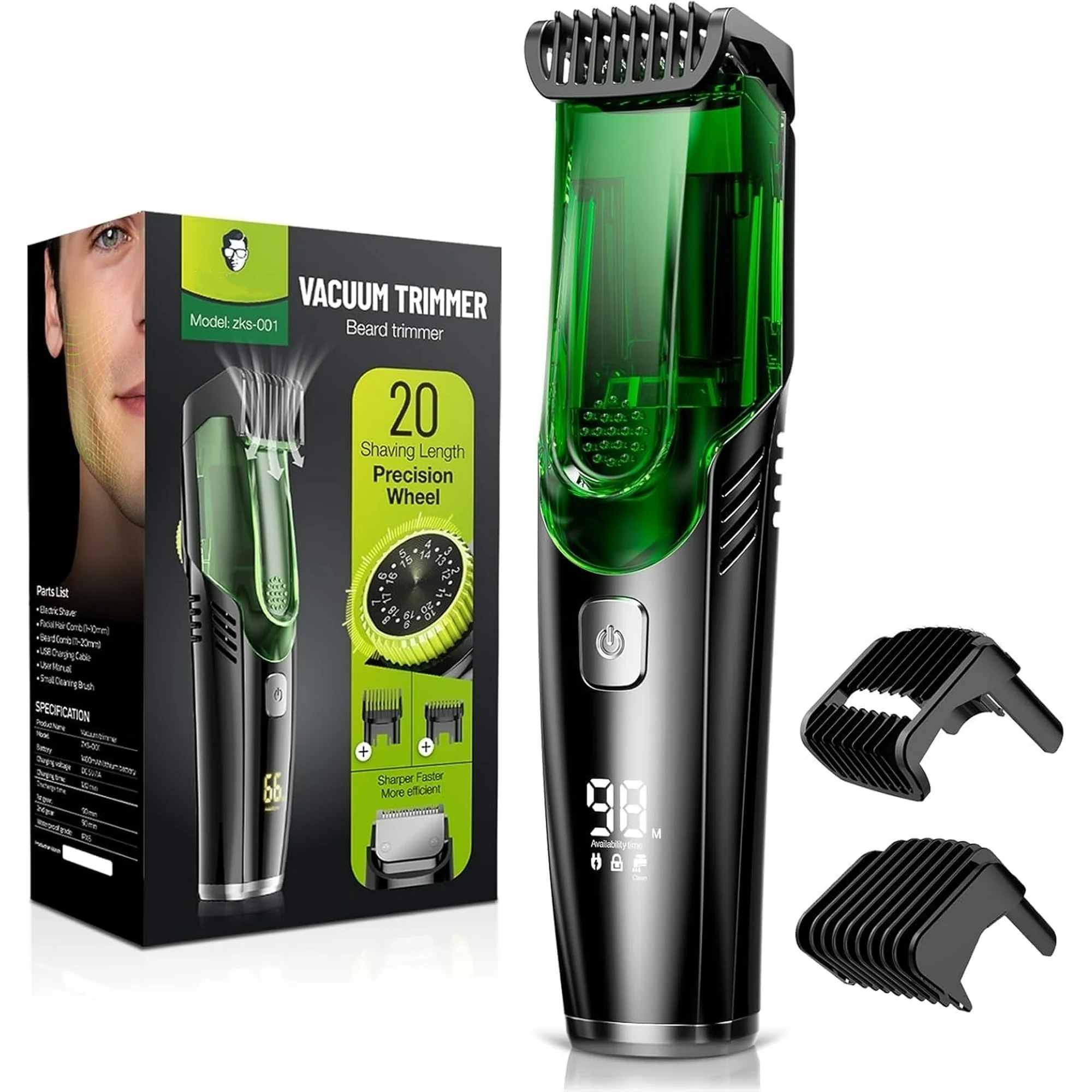 thumbnail video image 2 of Nogroa Vacuum Beard Trimmer for Men, Cordless Electric Shaver with 20 Trim Setting, Built-in Vacuum Cleaner for Mustache, Sideburns, Facial Hair, Rechargeable, IPX6 Waterproof, with 2 Comb, 2 of 13
