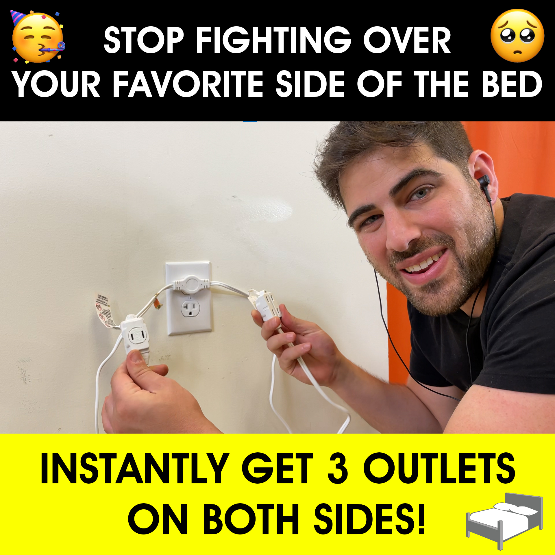thumbnail video image 2 of W4W Twin Extension Cord - 12 Foot Cord 6 feet on each side - 6 Polarized Outlets - Flat Head (Wall Hugger) Outlet Plug - 6 Polarized Outlets with Safety Cover, 2 of 7