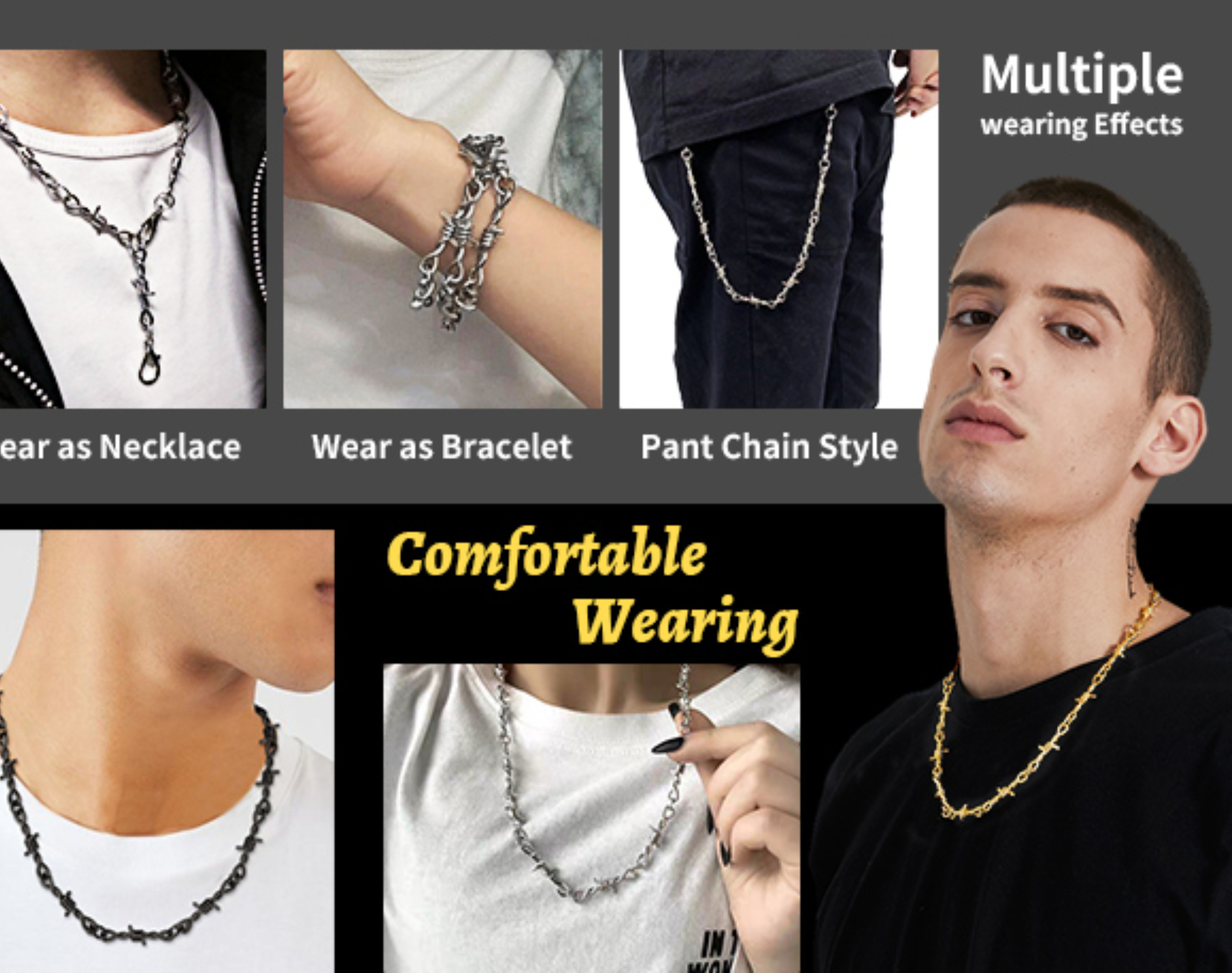 thumbnail video image 2 of ChainsHouse 14K Gold Plated Thorns Chains Necklace for Women Men Choker Trendy Jewelry Birthday Christmas Father's Day Gift, 18inch, 2 of 8