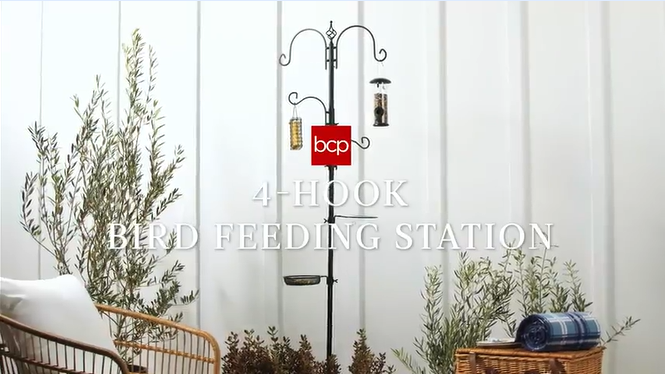 thumbnail video image 2 of Best Choice Products 89in 6-Hook Bird Feeding Station, Steel Multi-Feeder Stand w/ 4 Feeders, Tray, Bird Bath - Black, 2 of 8