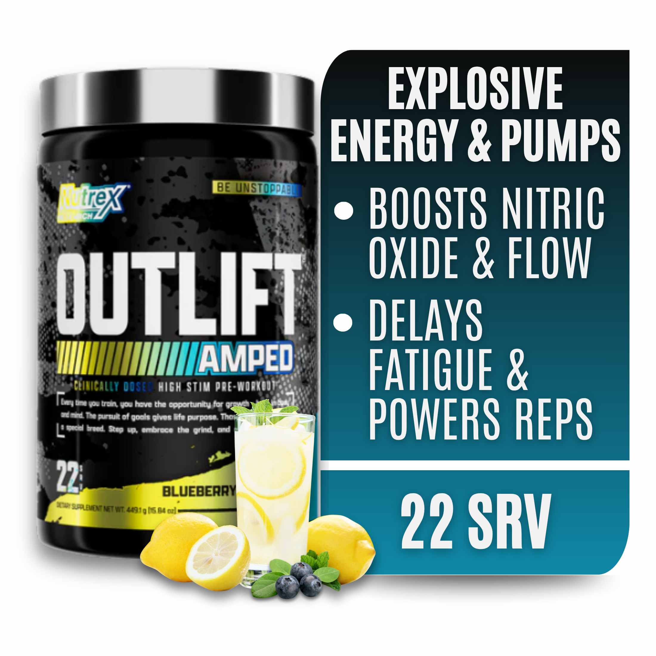thumbnail video image 2 of Nutrex Research OUTLIFT Amped Blueberry Lemonade High Stim Pre Workout Powder 22 Servings, 2 of 10