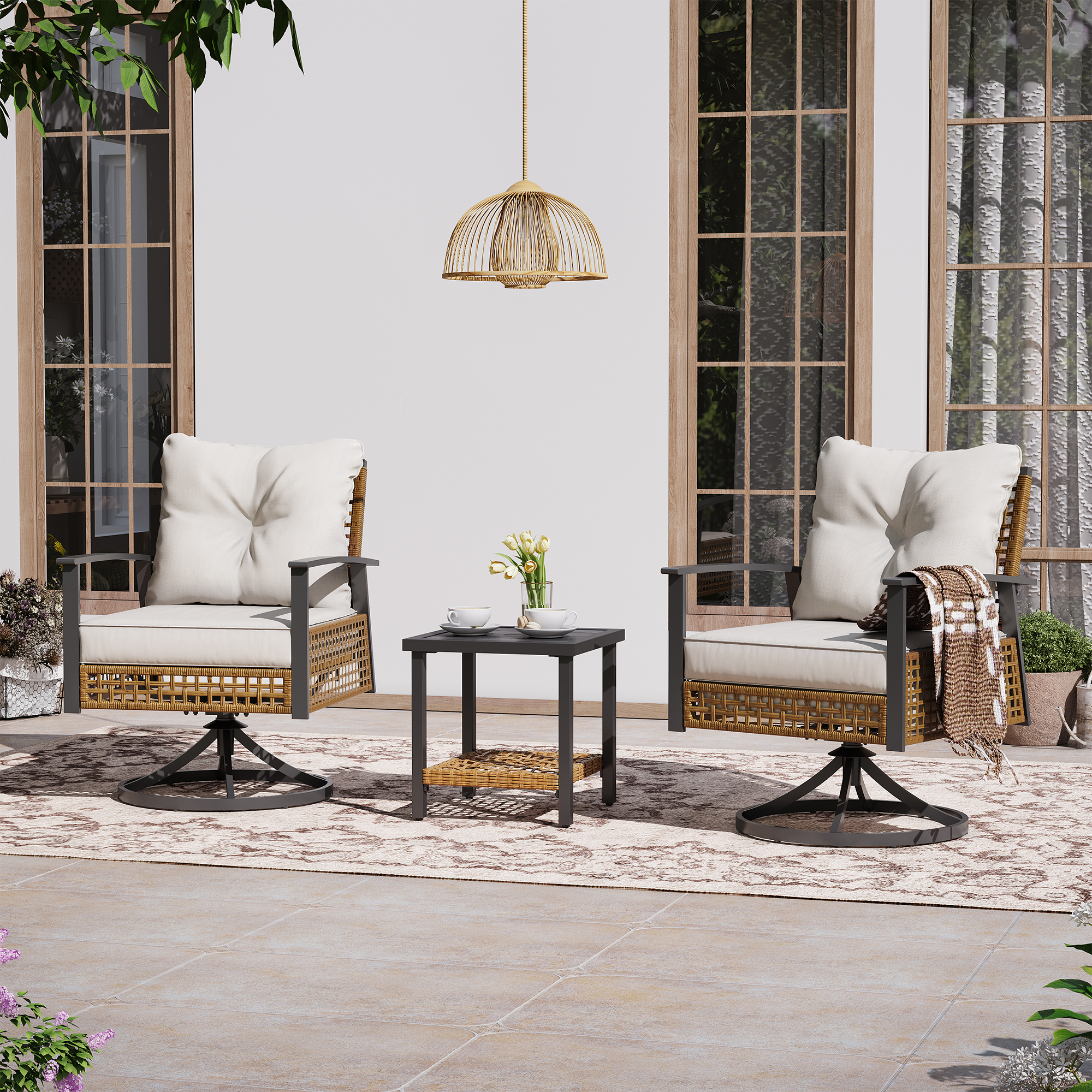 thumbnail video image 2 of LAUSAINT HOME 3 Pieces Patio Outdoor Furniture Set with 2-Tier Coffee Table, PE Wicker Swivel & Rocking Chairs with Beige Cushions for Garden, 2 of 10
