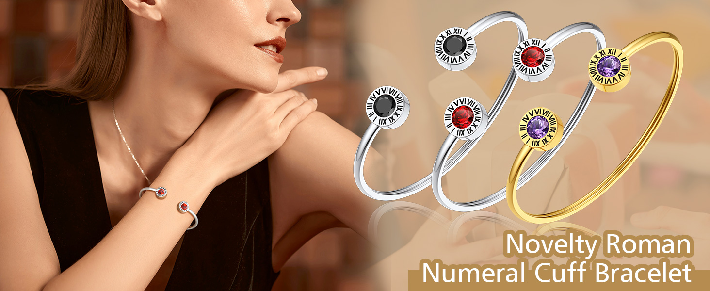 thumbnail video image 2 of FindChic Women 14K Gold Plated Cuff Bracelets with Roman Numerals December Birthstone Bracelets Stainless Steel Adjustable Bangle Lucky Birthday Christmas Jewelry Gift for Her, 2 of 10