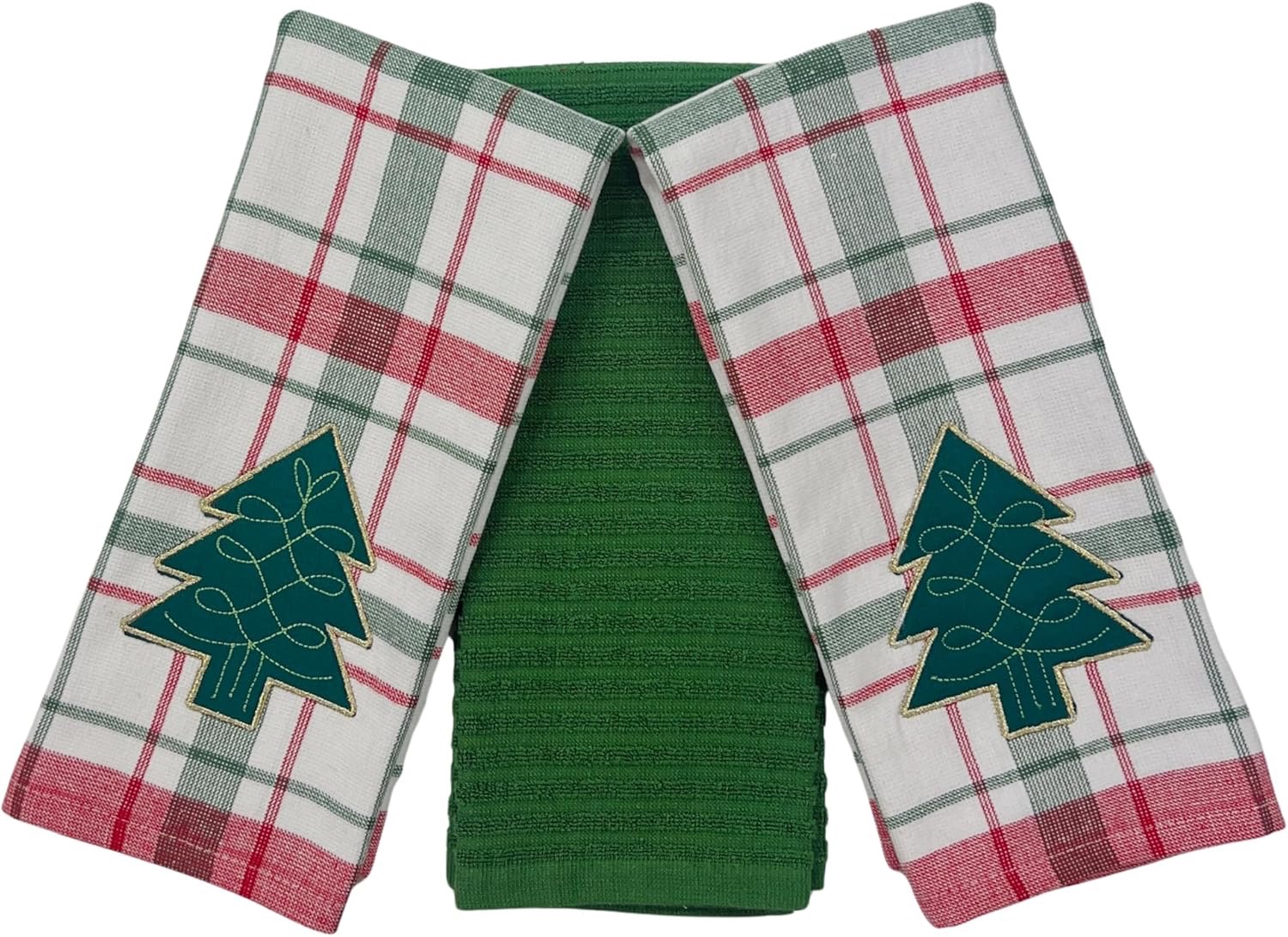 thumbnail video image 2 of Serafina Home Christmas Kitchen Towels- Set of 3 100% Red and Green Plaid with Embroidered Christmas Tree & Solid Forest Green Waffle Texture - 16 x 26 Multipurpose Towels for Everyday Use, 2 of 7