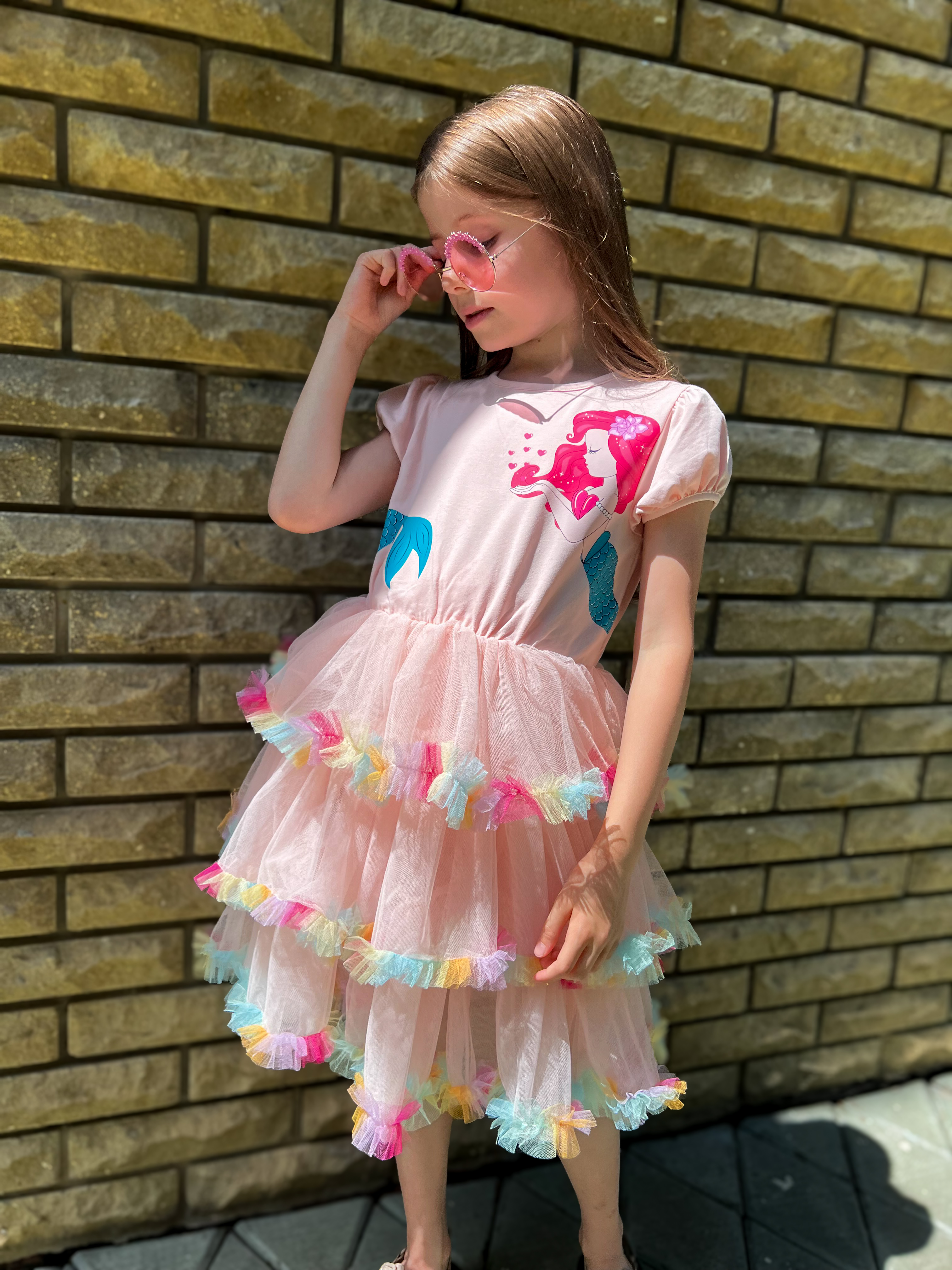 thumbnail video image 2 of Girls Dress Pink Mermaid Rainbow Princess Layered Ruffle Puff Tulle 4 Years, 2 of 8