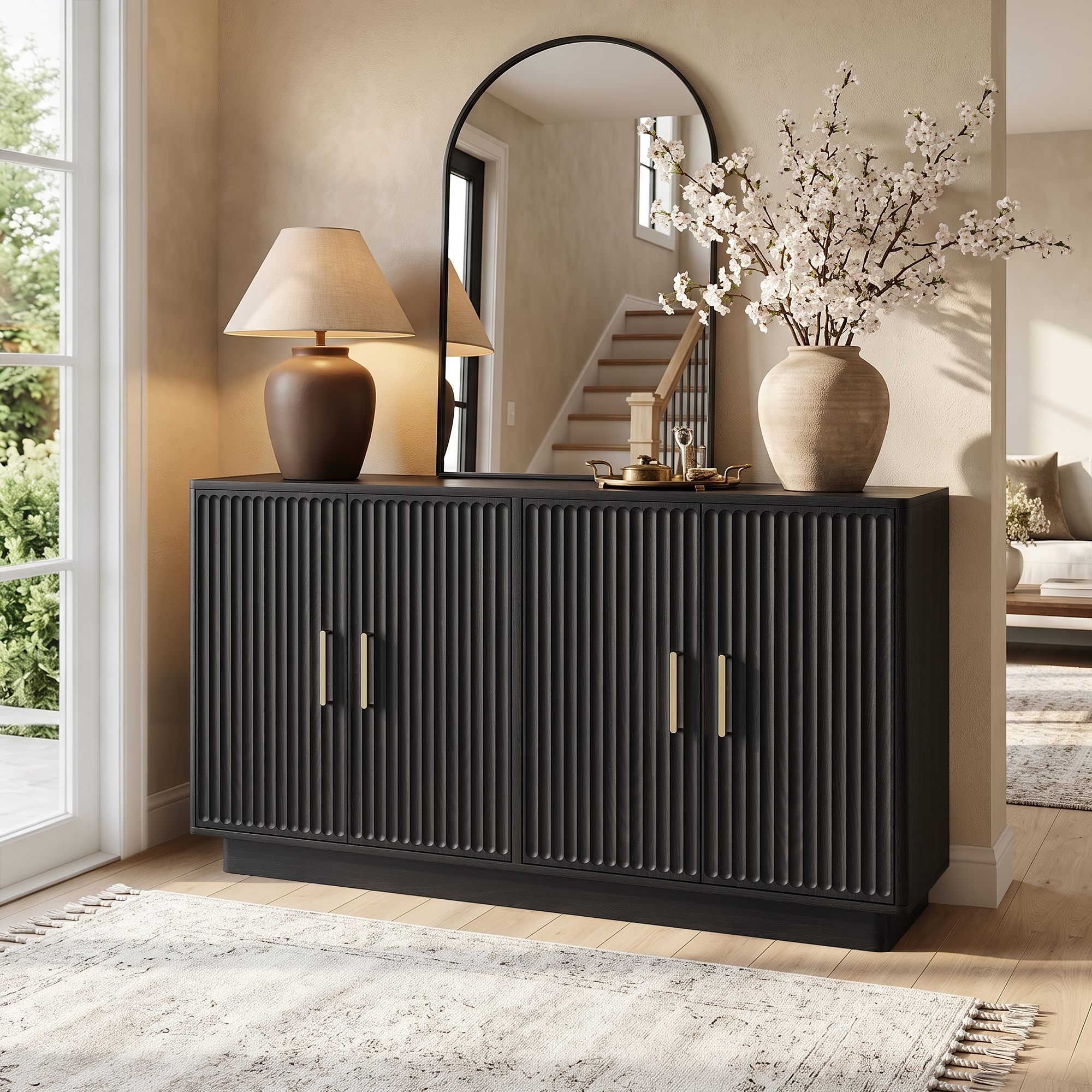 thumbnail video image 2 of PAPROOS Black Sideboard Buffet Cabinet, 55in Fluted Credenza Cabinet with 4 Doors & 2 Adjustable Shelves, for Kitchen Dining Room Entryway, 2 of 11