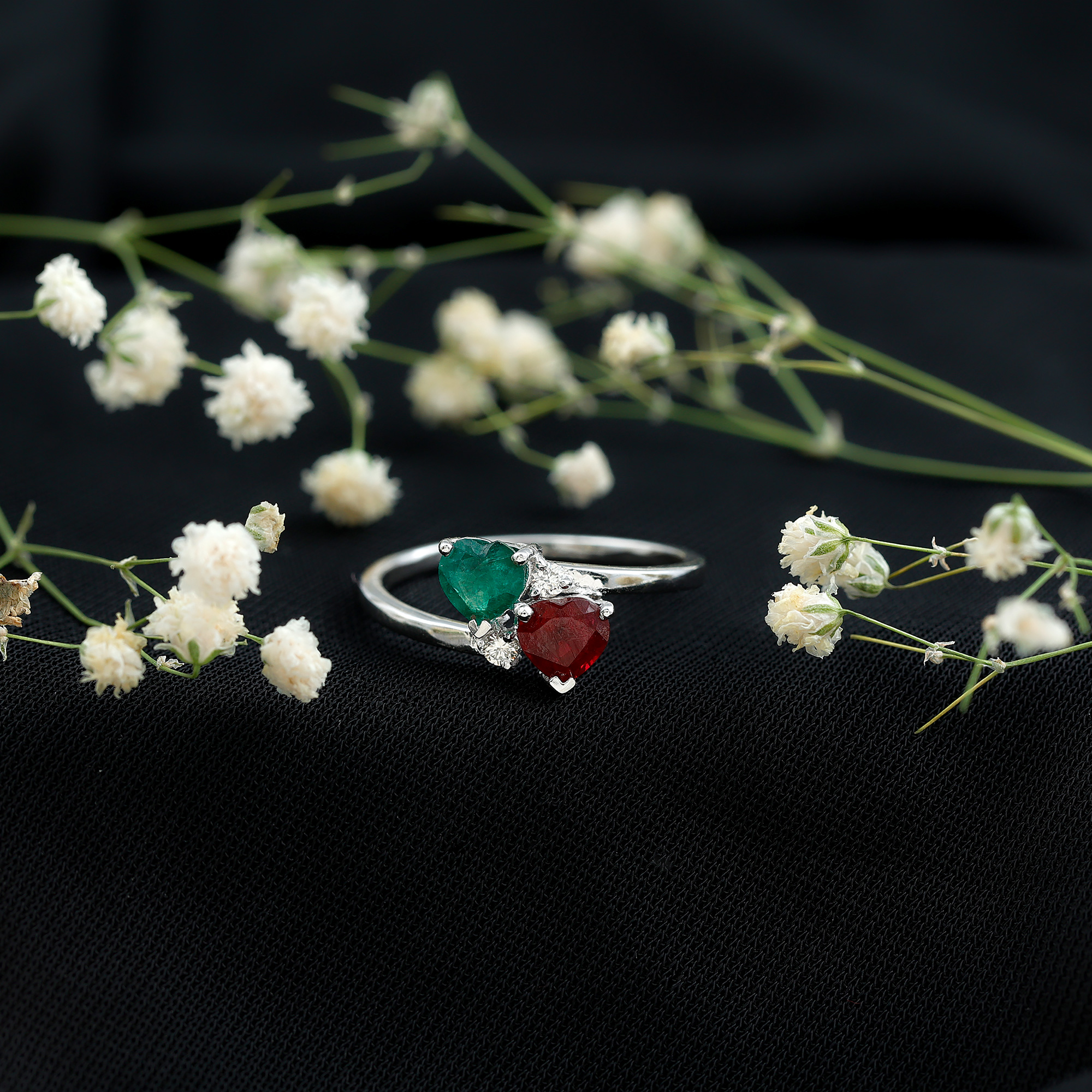 thumbnail video image 2 of Rosec Jewels Natural Ruby Emerald Heart Promise Ring (AAA Quality) - Toi Et Moi Ring for Women - Ready to Gift for Valentines Day, 10K White Gold, US 7.00, 2 of 9