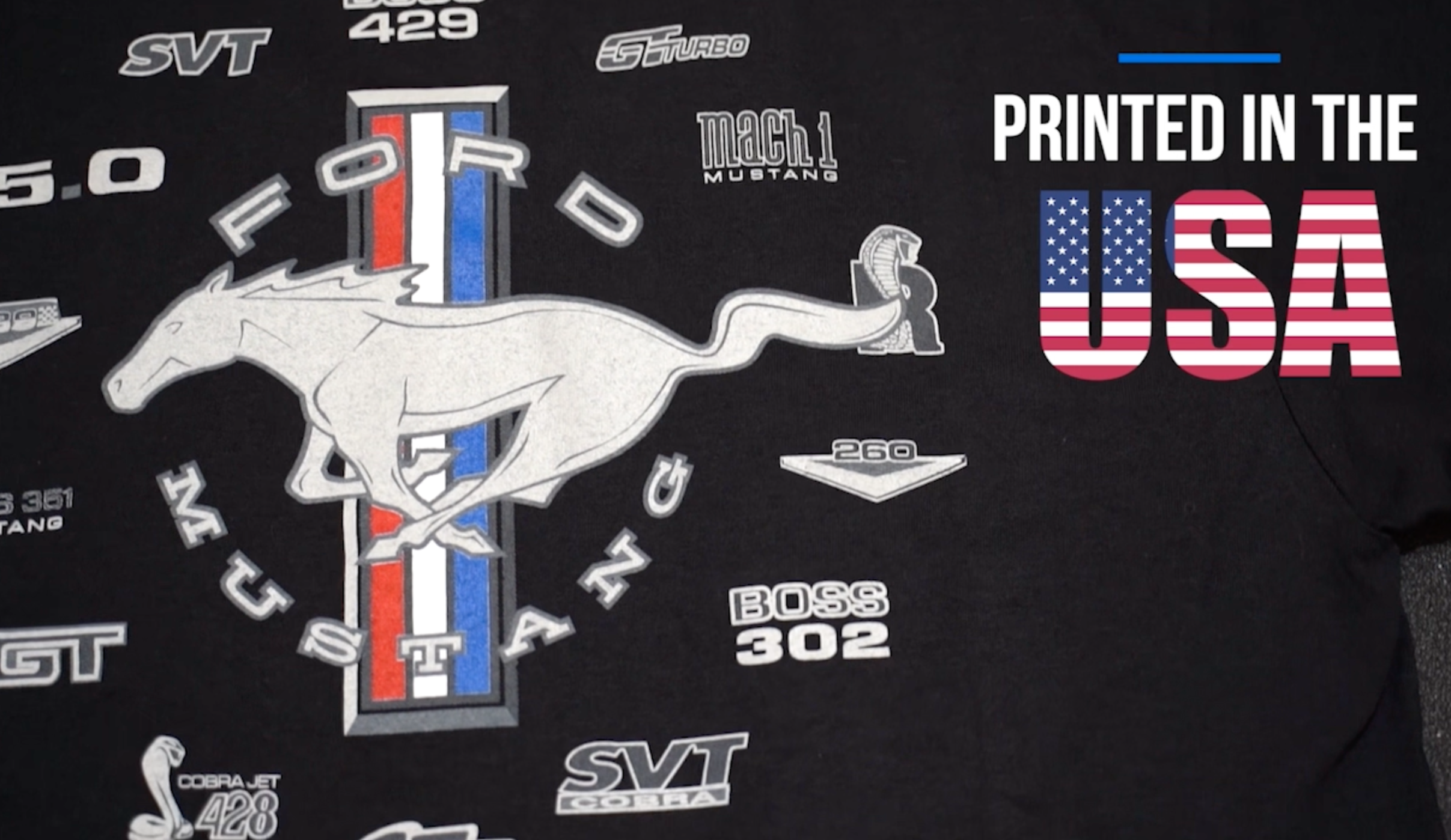 thumbnail video image 2 of Men's Ford Mustang Collage Short Sleeve Black Crew Neck T-Shirt, 2 of 8