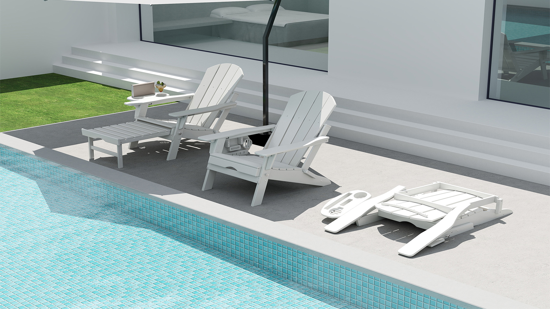 thumbnail video image 2 of Folding Adirondack Chair with Ottoman, Adjustable Backrest Plastic HDPE Adirondack Chairs w/4 in 1 Cup Holder Tray, Black, 2 of 8