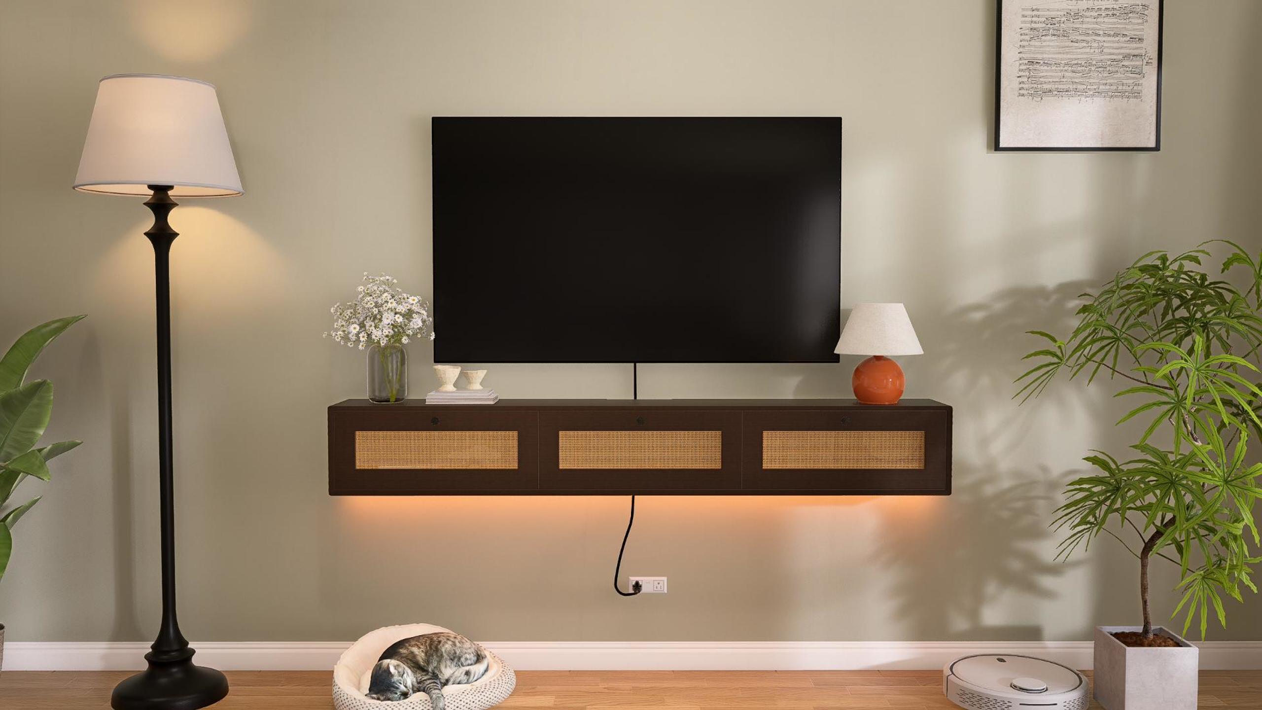 thumbnail video image 2 of FloatiCasa 55-Inch Floating TV Stand, Hand-Made Rattan Cabinet, Three-Door Design, Wall-Mounted, for TVs up to 60",Entertainment Center Media Console, 2 of 15