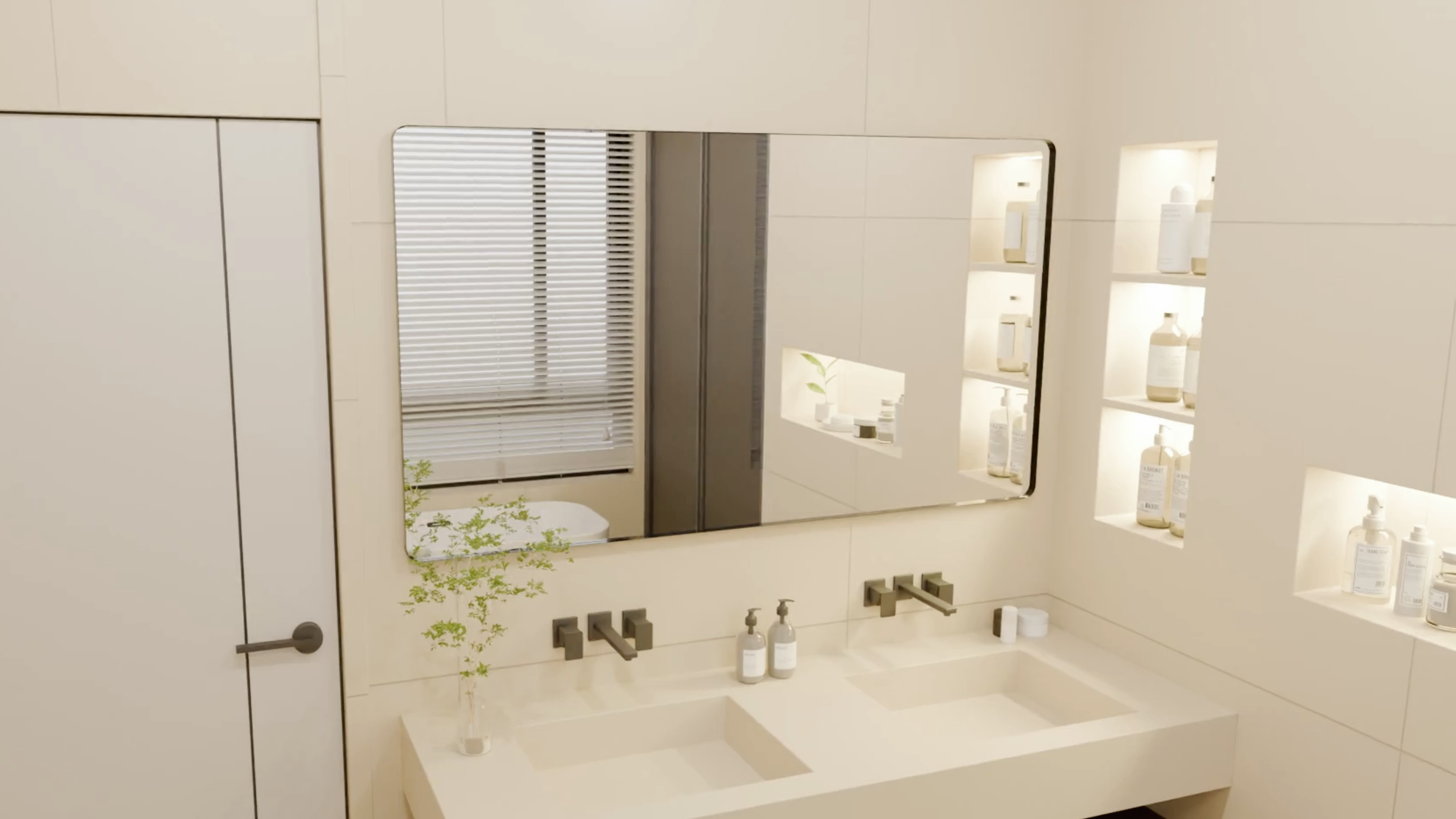thumbnail video image 2 of SUMERAIN Large Bathroom Vanity Mirror for Wall 48 x 32 Inch , Matte Black Aluminum Framed Tempered Glass Bathroom Wall Mirror, Modern Rounded Corner Rectangle Design for Living Room, Farmhouse, 2 of 13