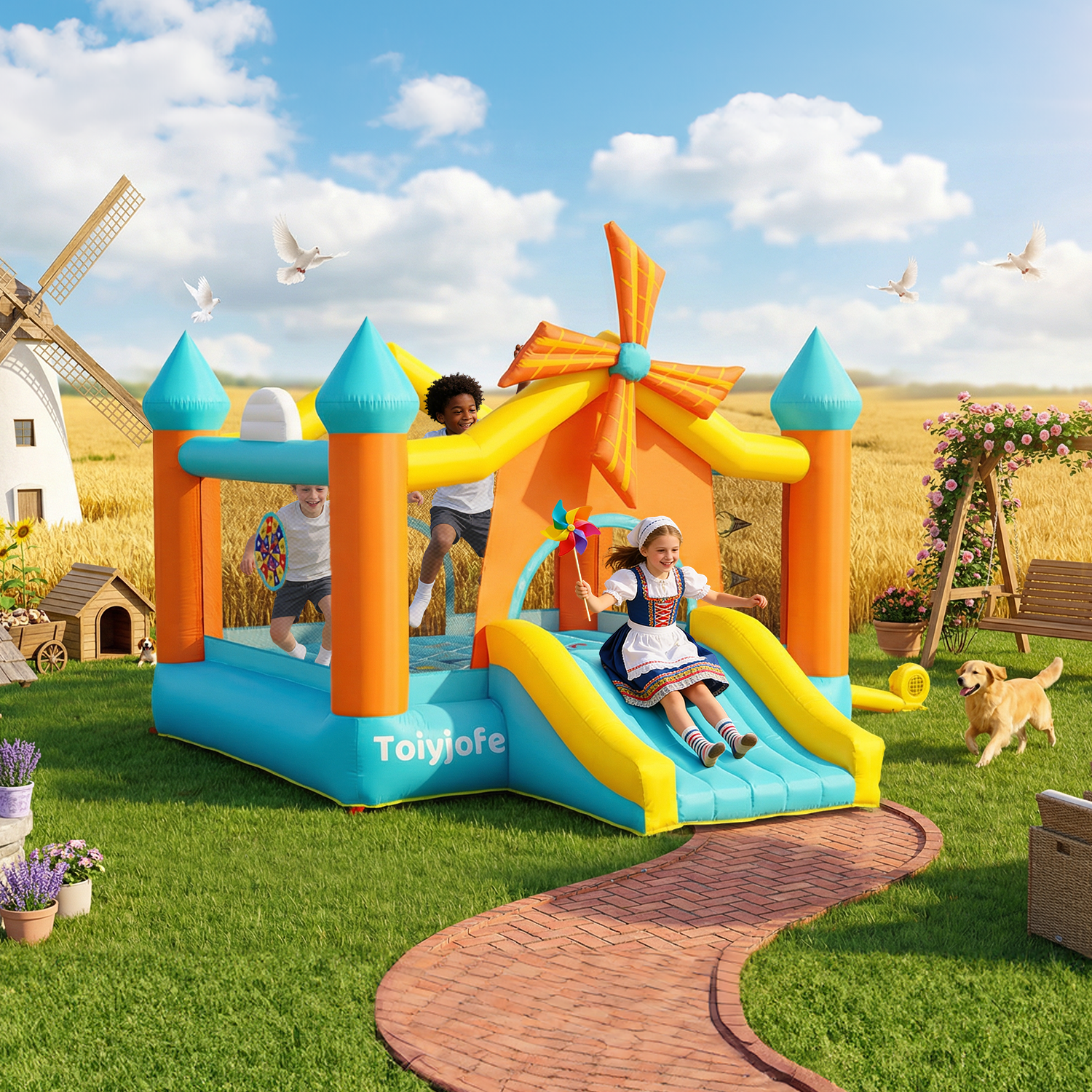 thumbnail video image 2 of Toiyjofe Windmill-Themed Bounce House with Slide, 12.5 x 10 ft Inflatable Play Center for Kids Ages 3–10, Indoor Outdoor Backyard Fun, 2 of 10