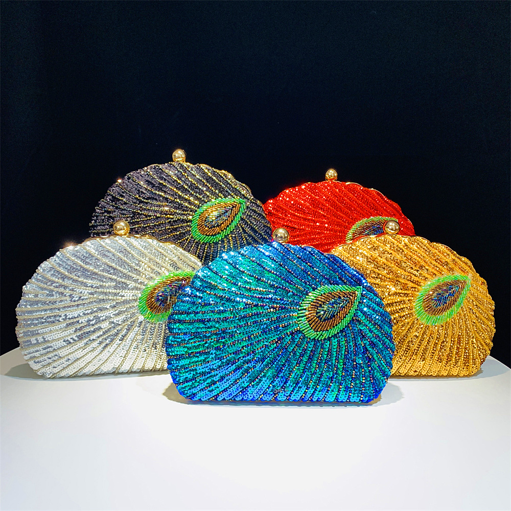 thumbnail video image 2 of Handheld Women's Evening Clutch Bags Seashell Peacock Beaded Bag Banquet bag Handbags Bridal Wedding Purses,Black, 2 of 10