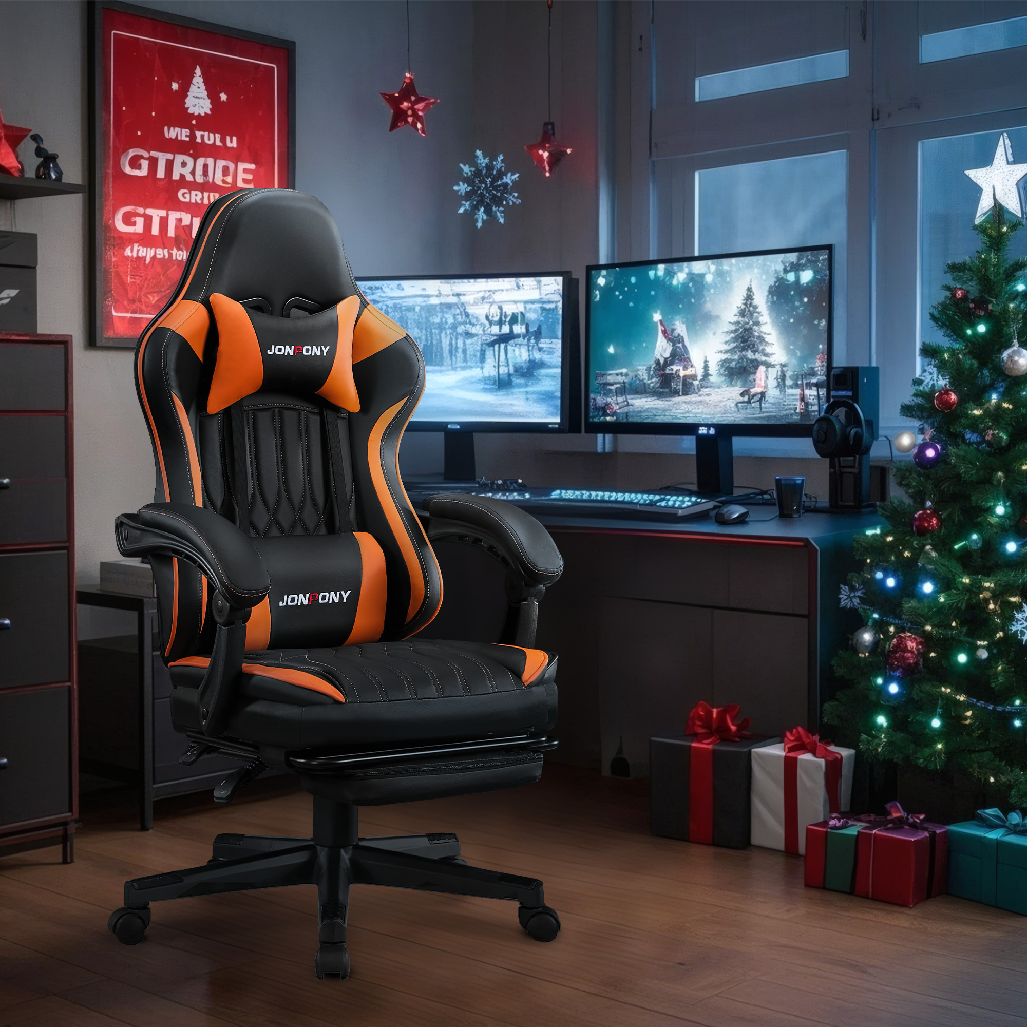 thumbnail video image 2 of JONPONY Big and Tall 400lbs Gaming Chair with Bluetooth Speakers Gamer Chair with Footrest Game Chair with Lumbar Support and 360-Swivel Seat and Headrest for Adults, Orange, 2 of 13