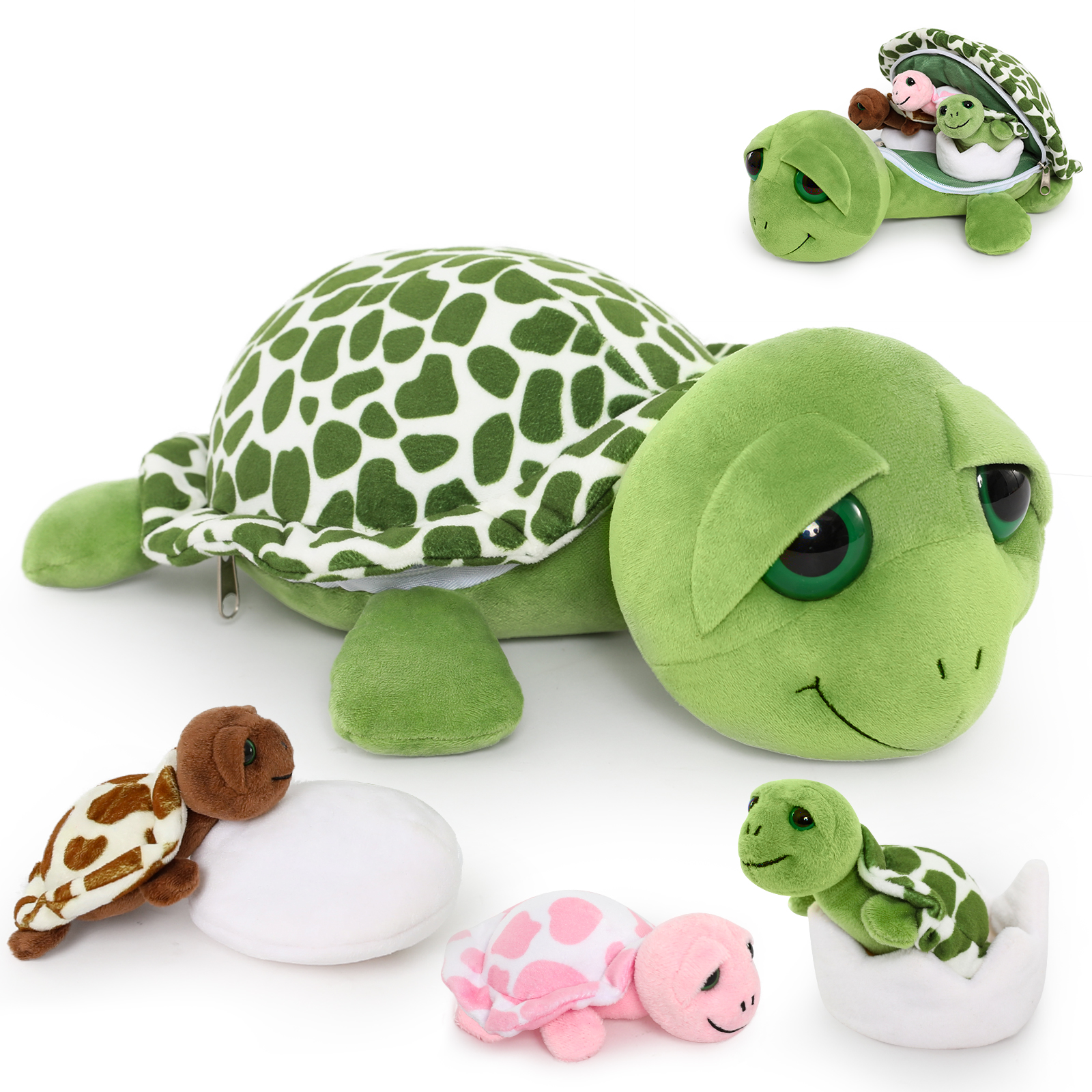thumbnail video image 2 of MorisMos Sea Turtle Stuffed Animal 13" Mom Stuffed Turtle with 3 Baby and 2 Eggs with Big Eyes, 2 of 9