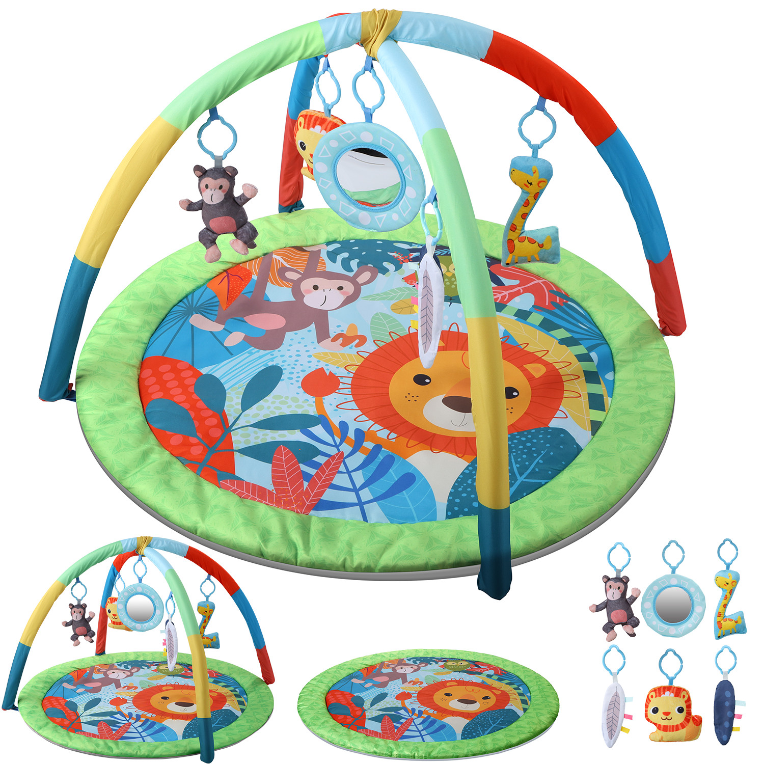 thumbnail video image 2 of JoyStone Baby Gym Play Mat Activity Mat with 6 Detachable Toys, Round Tummy Time Play Mat for Newborns & Infants 0–12 Months, 2 of 12