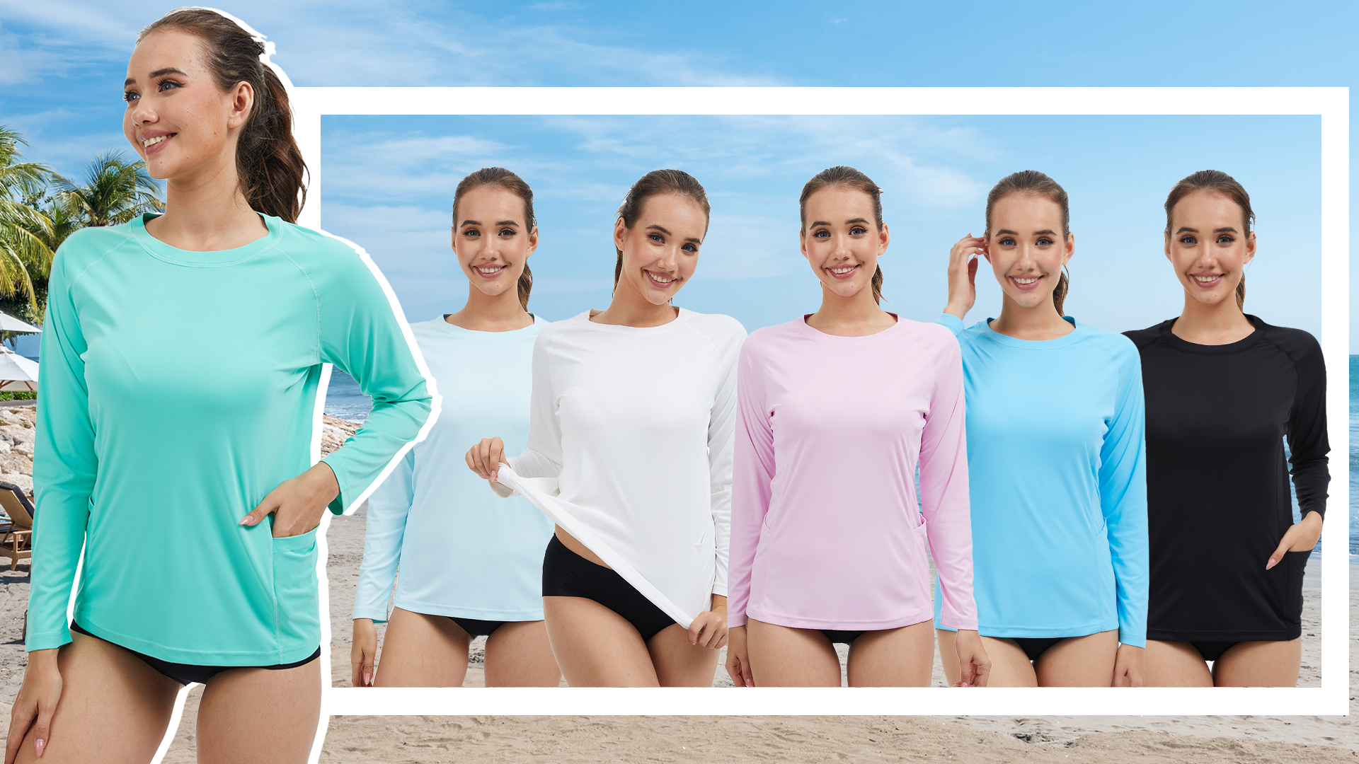 thumbnail video image 2 of QPNGRP Women's Long Sleeve Rash Guard with Pockets UPF 50+ SPF Dry Fit UV Protection Shirt for Swim Hiking Workout Iceblue, 2 of 8