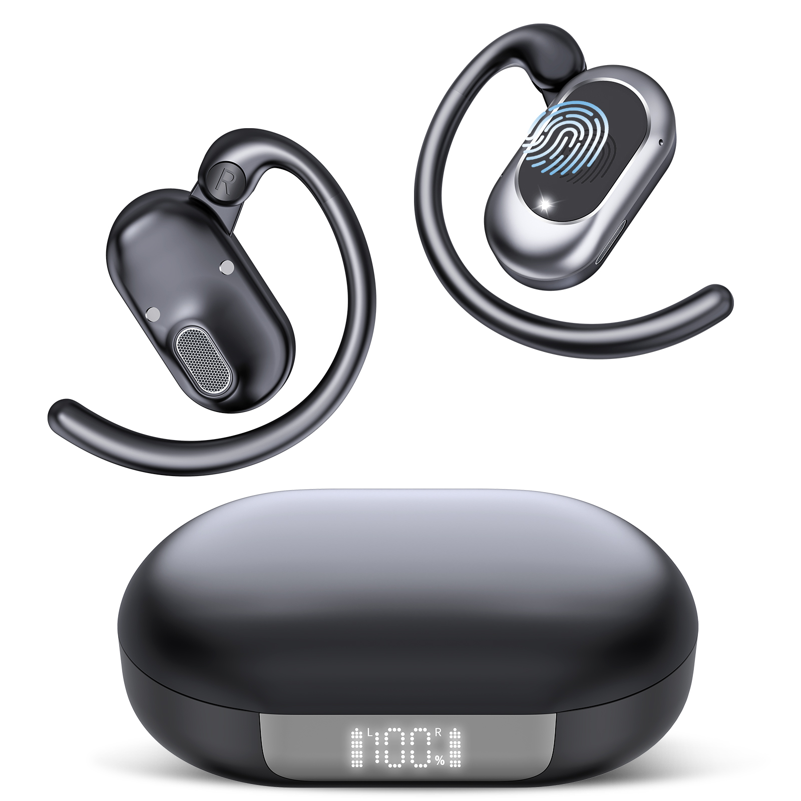 thumbnail video image 2 of Open Ear Earbuds, Bluetooth 5.4 Headphones, Wireless Earbuds with Ear Hooks,70H HiFi Stereo Open Ear Headphones with Mic, IP7 Waterproof Lightweight Air Conduction Headphones for Workouts and Running, 2 of 8