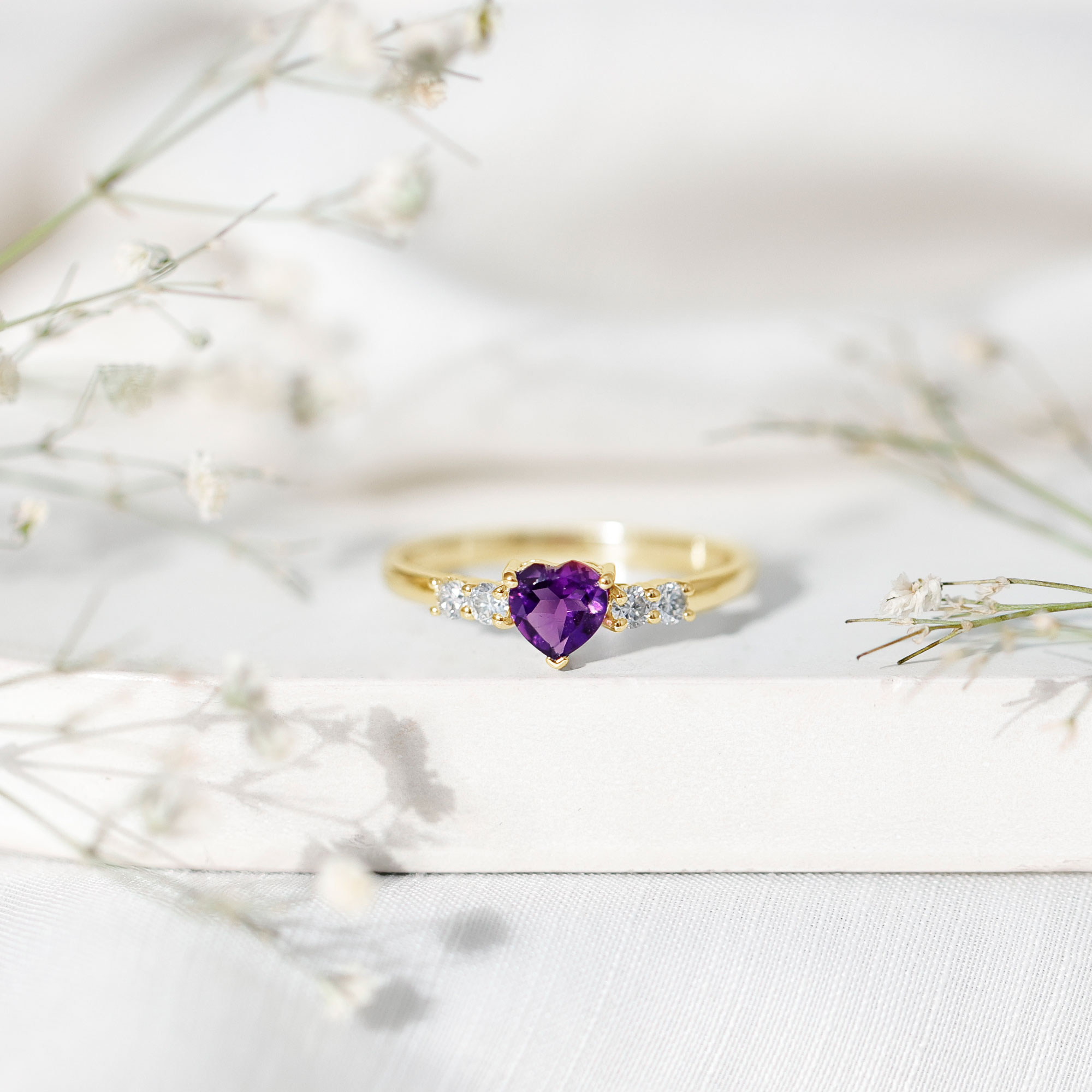 thumbnail video image 2 of Rosec Jewels Amethyst Heart Promise Ring for Women - 0.9 Carat - AAA Quality - Amethyst and Diamond Ring - with Jewelry Box, 10K Yellow Gold, US 8.00, 2 of 8