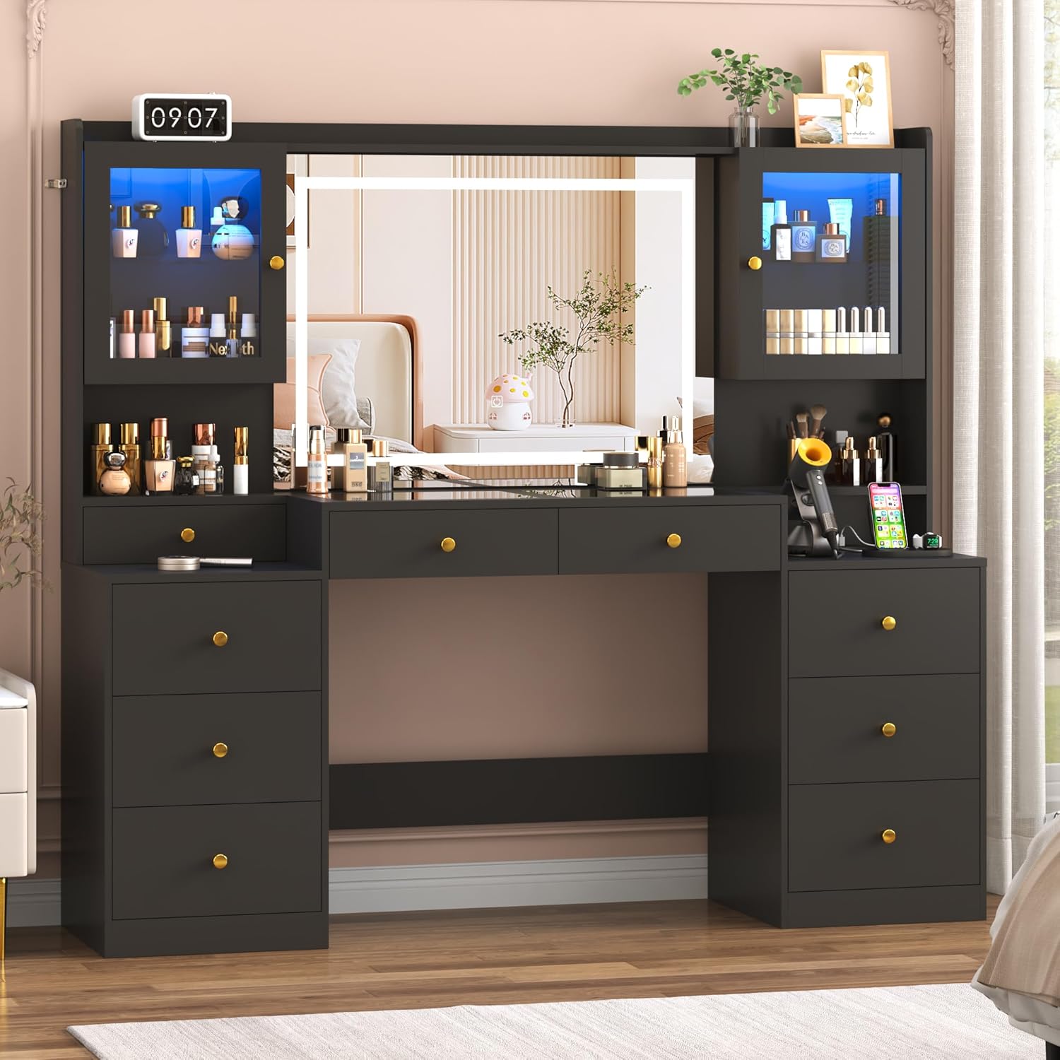 thumbnail video image 2 of ChVans 47'' Large Makeup Vanity with Power Outlet, 60000-color LED Lights, Glass Top Vanity Desk with 3 Lights Mode LED Mirror, 8 Drawers, 2 RGB cabinets for Women, Girls Gift, 2 of 11